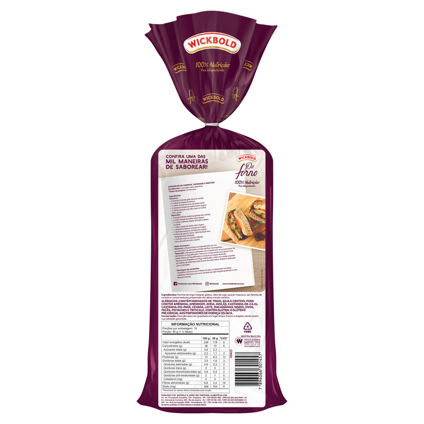 Pão de Forma 65,9% Integral 100% Nutrição Wickbold Do Forno Pacote 500g