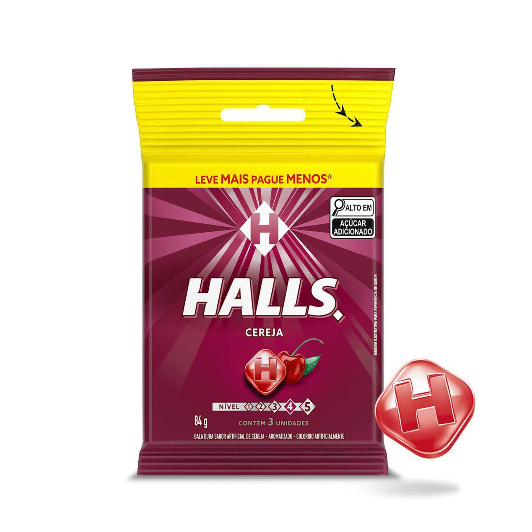 Bala Dura Halls Cereja&nbsp;Pacote C/3 Unidades