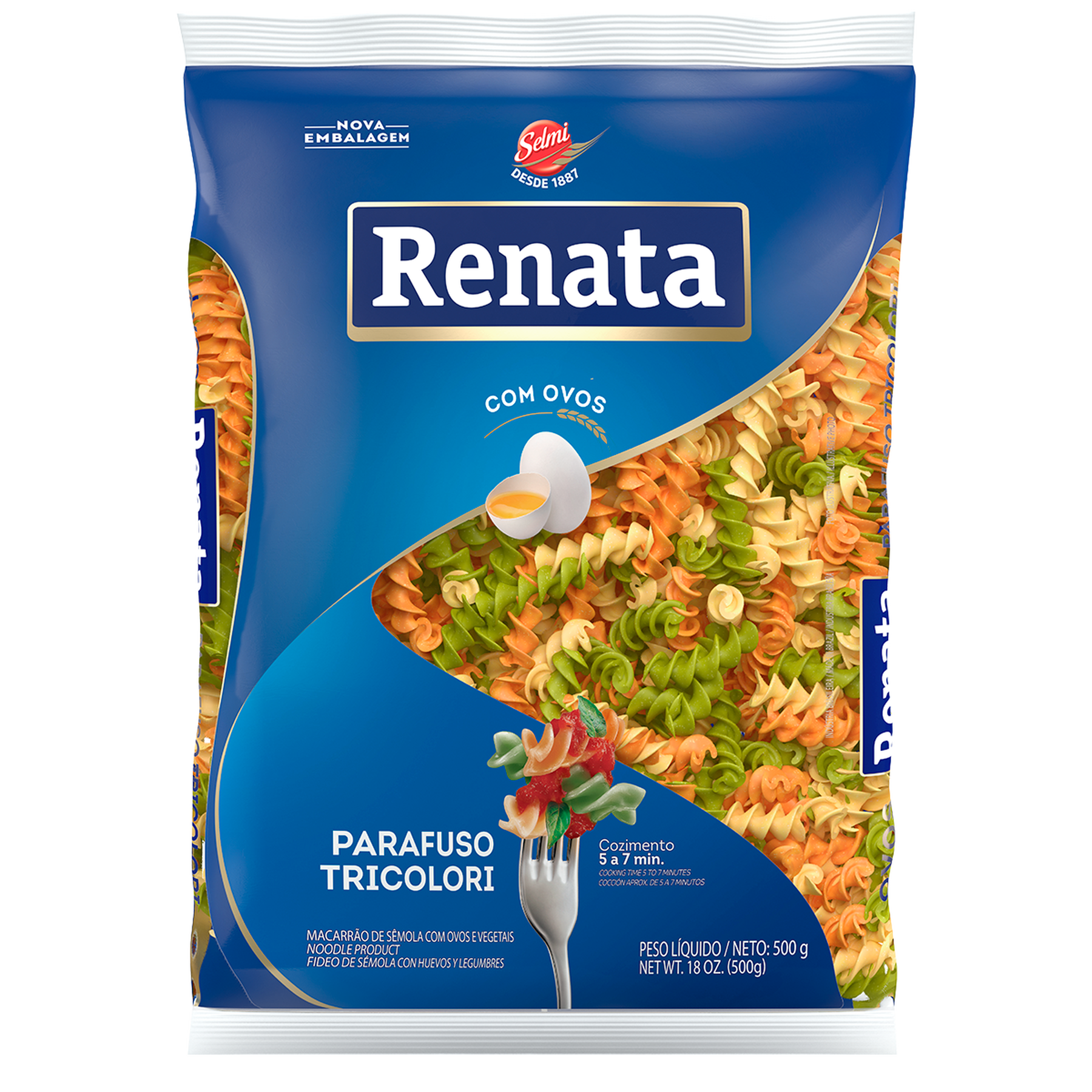 Macarrão de Sêmola com Ovos e Vegetais Parafuso Tricolori Renata Pacote 500g 