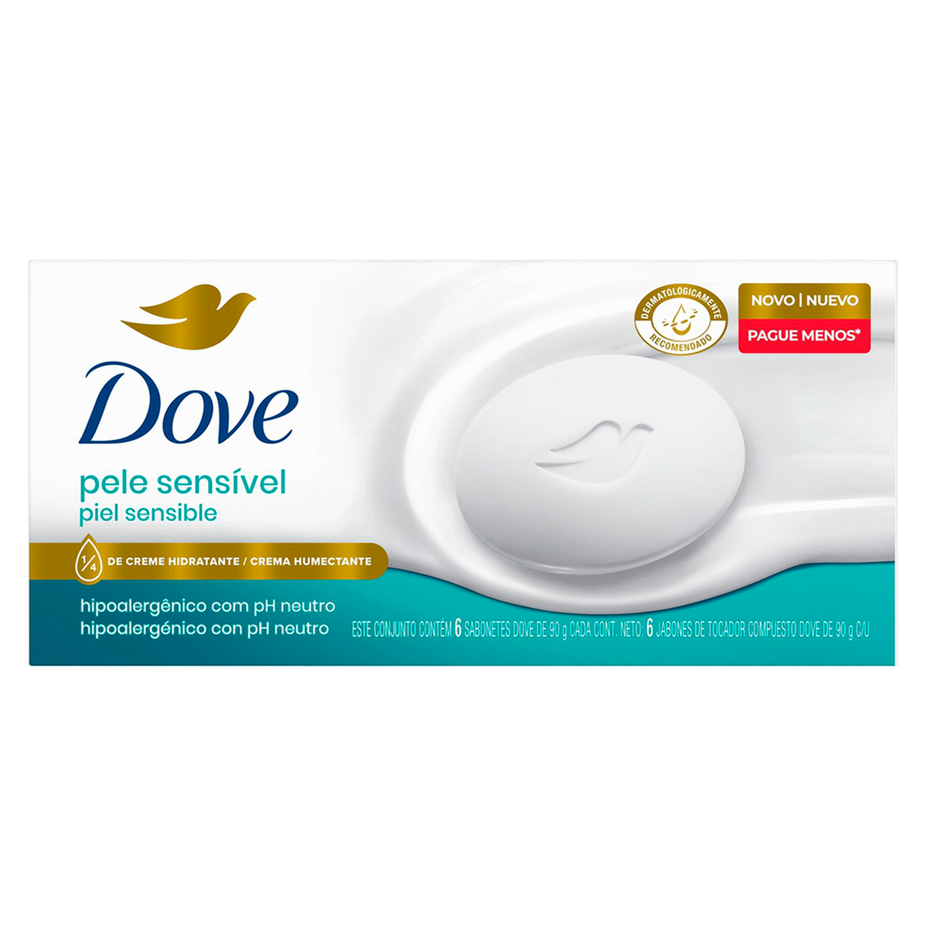 Pack Sabonete Barra Hidratante Dove Pele Sens&iacute;vel Envolt&oacute;rio 540g 6 Unidades 90g Cada