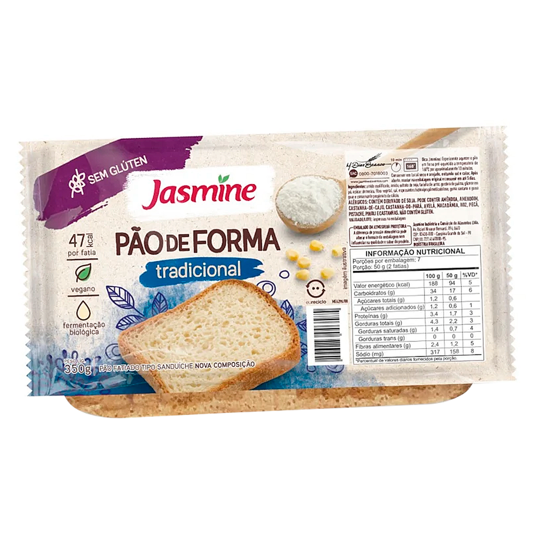 Pão de Forma Tradicional sem Glúten Jasmine Pacote 350g