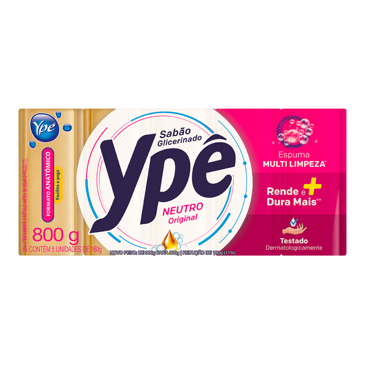 Sab&atilde;o Barra Glicerinado Neutro Original Yp&ecirc; Pacote 800g 5 Unidades
