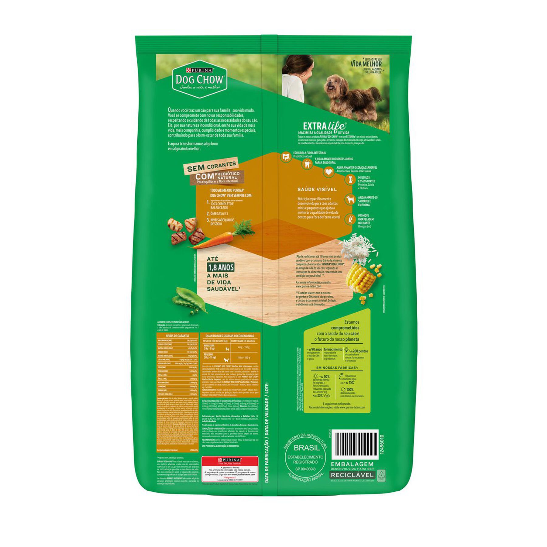 Alimento para Cães Adultos Raças Minis e Pequenas Carne, Frango e Arroz Purina Dog Chow Extra Life Pacote 10,1kg