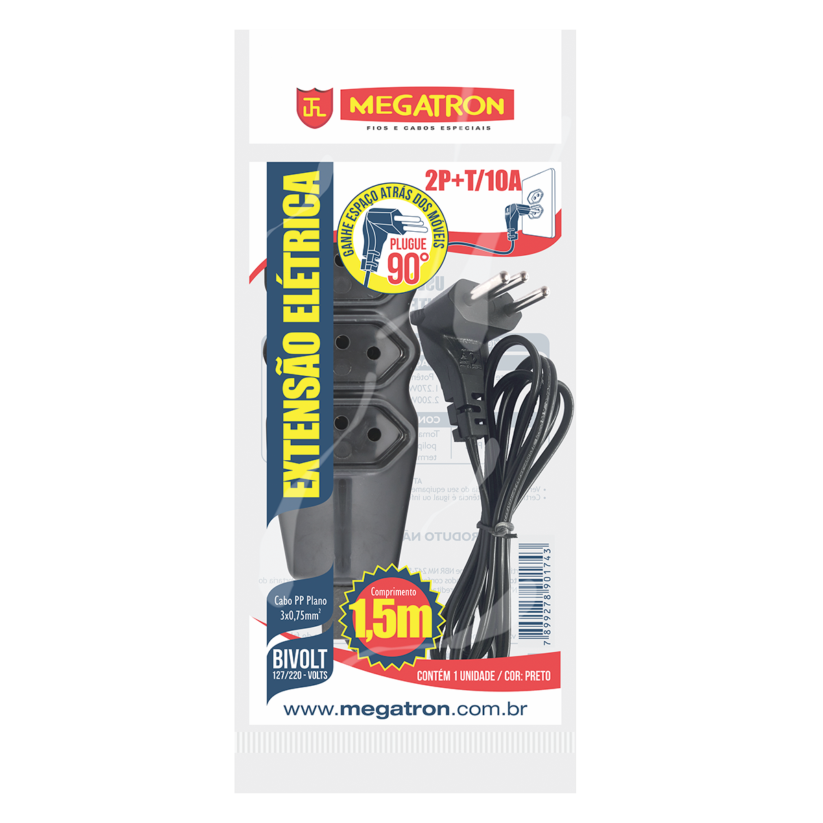 Extens&atilde;o El&eacute;trica Preta Cabo PP Plano 2P+T/10A Megatron 1,5m