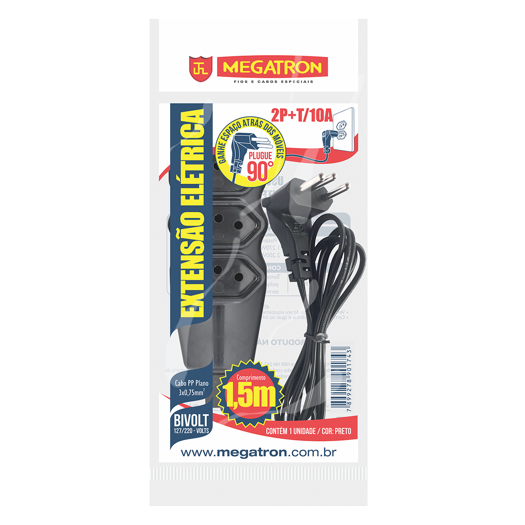 Extens&atilde;o El&eacute;trica Preta Cabo PP Plano 2P+T/10A Megatron 1,5m