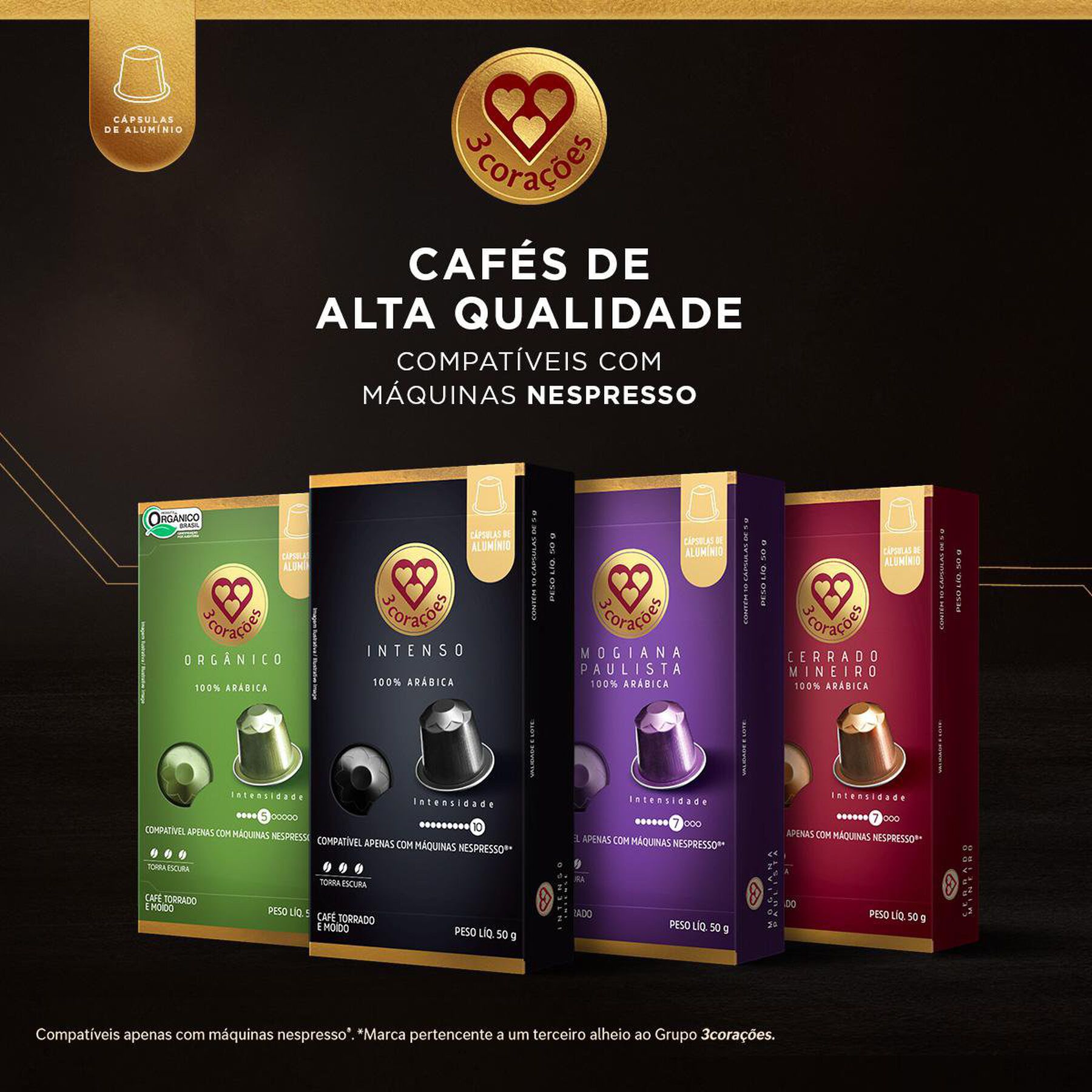 Café em Cápsula Torrado e Moído Orgânico 3 Corações Caixa 50g C/10 Unidades