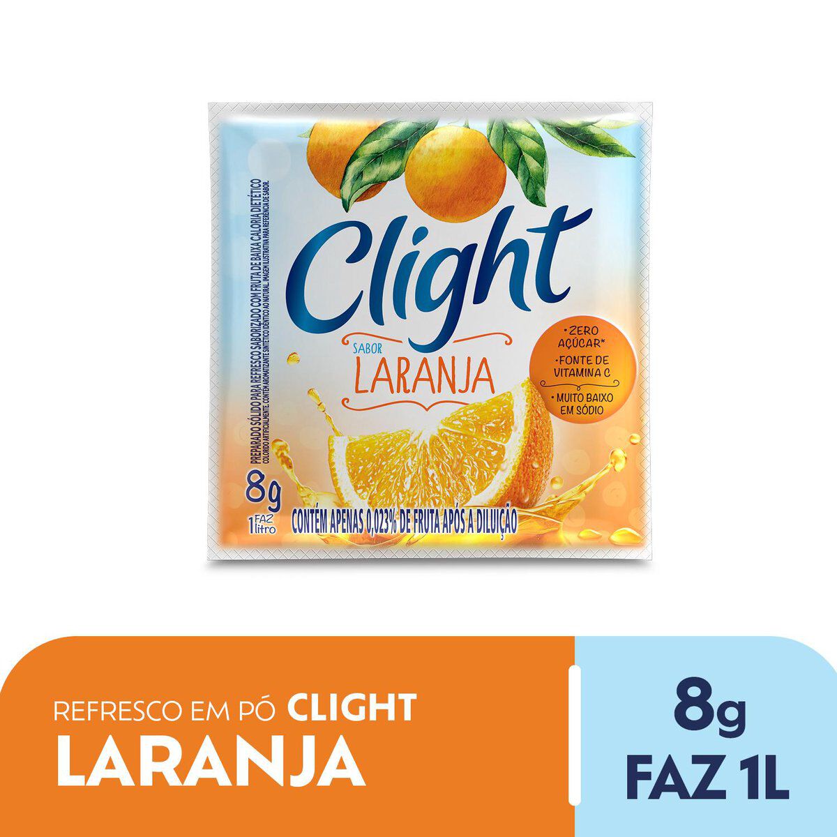 Refresco em P&oacute; Laranja Zero A&ccedil;&uacute;car Clight Pacote 8g