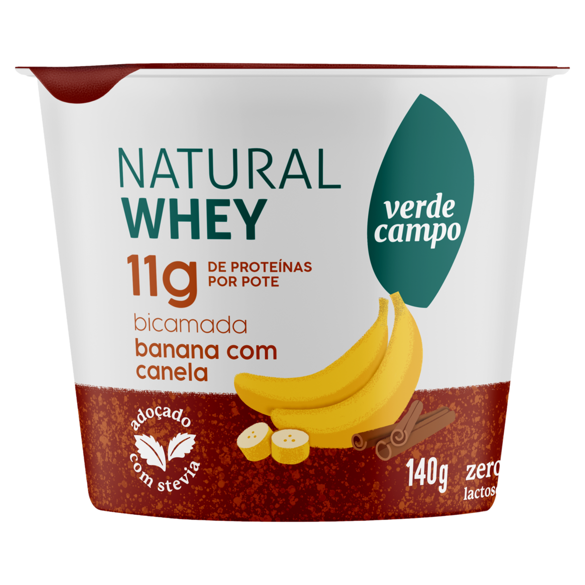 Iogurte Bicamada Banana com Canela 11g Natural Whey Verde Campo Pote 140g