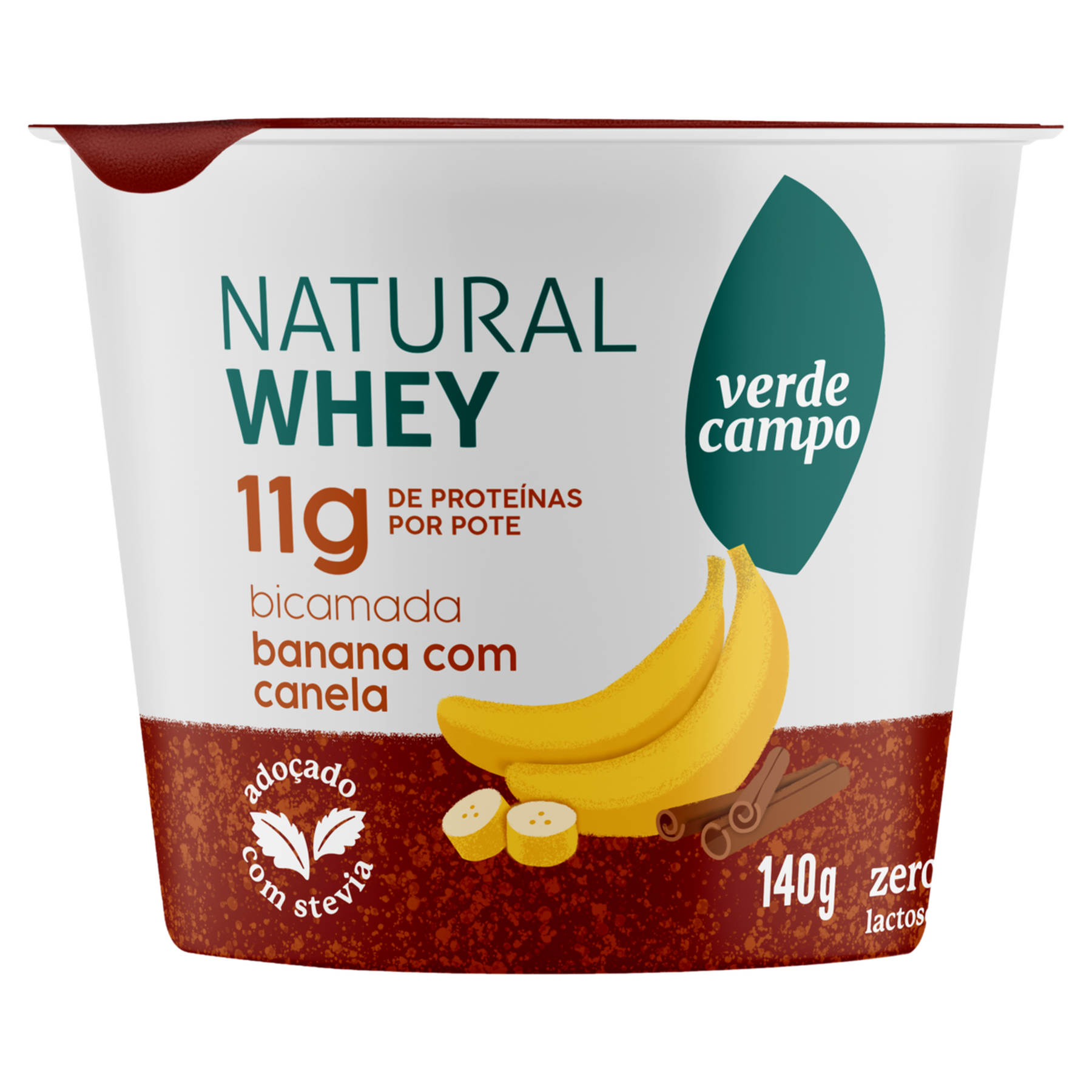 Iogurte Bicamada Banana com Canela 11g Natural Whey Verde Campo Pote 140g