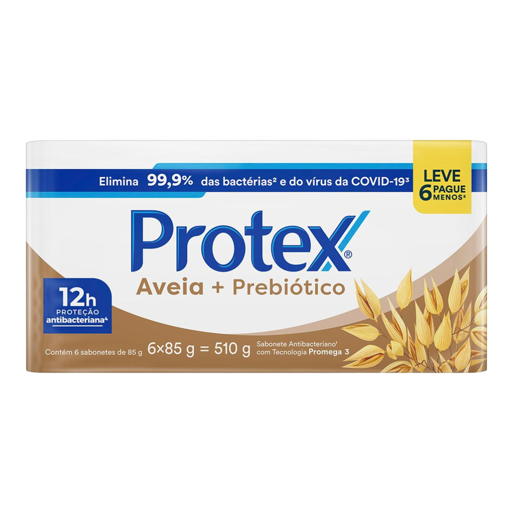 Pack Sabonete Barra Antibacteriano Aveia e Prebi&oacute;tico Protex Envolt&oacute;rio 510g 6 Unidades 85g Cada