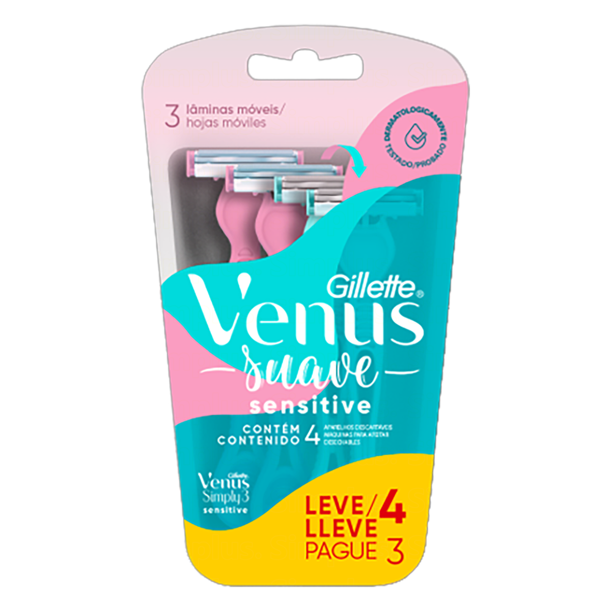 Aparelho Descart&aacute;vel para Depilar Venus Simply3 Sensitive Gillette C/4 Unidades - Embalagem Leve 4 Pague 3
