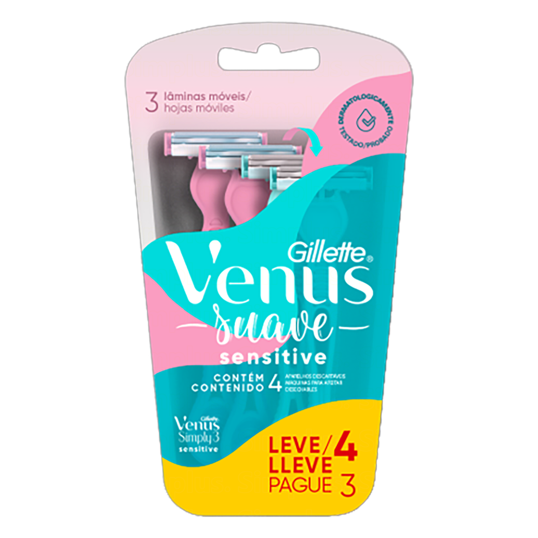 Aparelho Descartável para Depilar Venus Simply3 Sensitive Gillette C/4 Unidades - Embalagem Leve 4 Pague 3