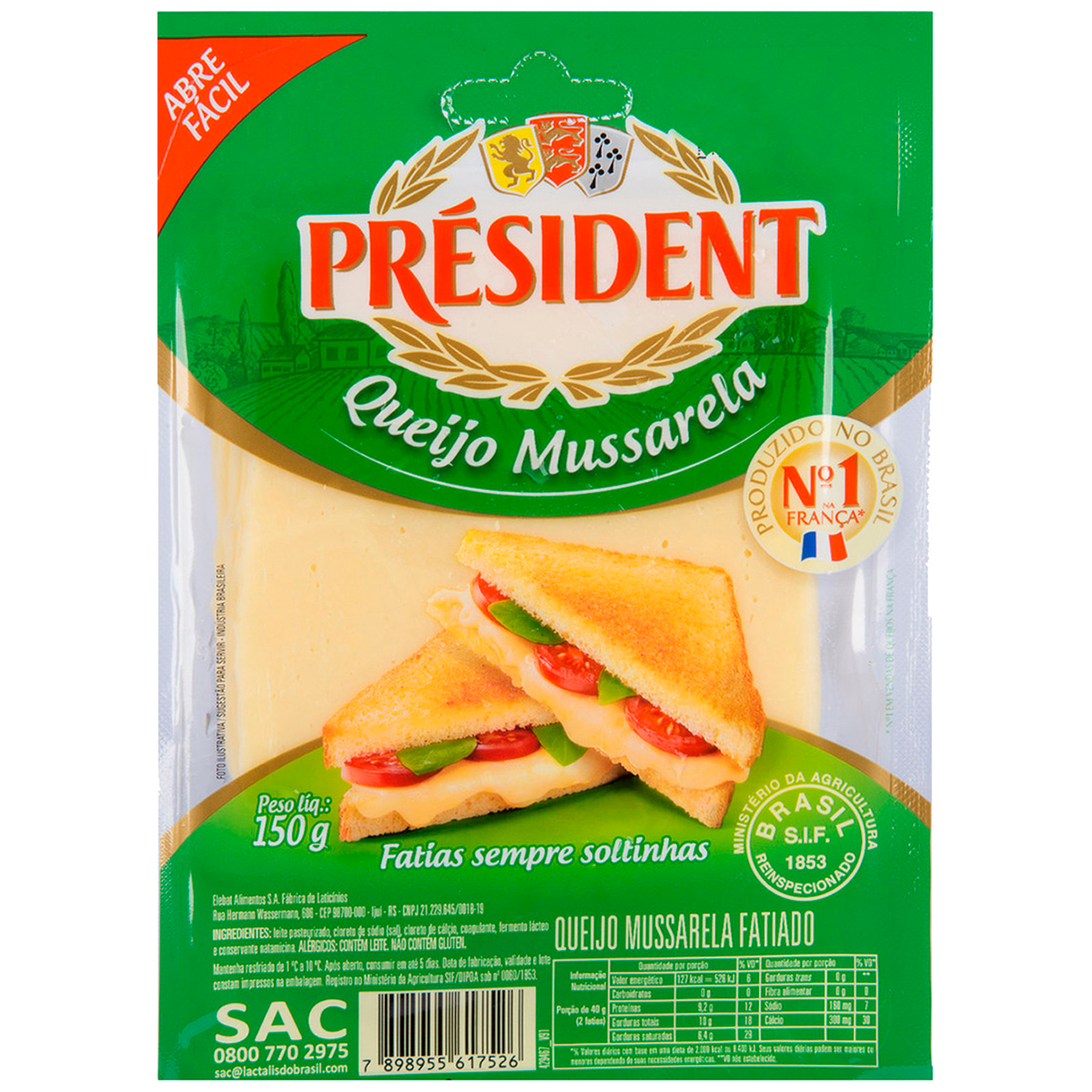 Queijo Mussarela Fatiado Pr&eacute;sident 150g