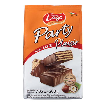 Biscoito Wafer Recheado Creme de Avelã Cobertura Chocolate ao Leite Party Plaisir Lago 200g