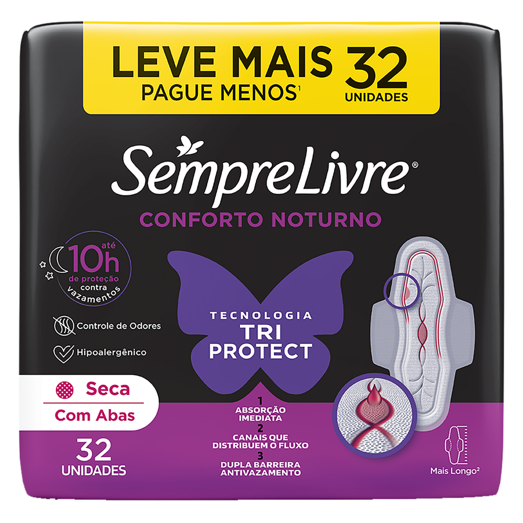 Absorvente com Abas Seca Conforto Noturno Sempre Livre Pacote C/32 Unidades - Embalagem Leve Mais Pague Menos