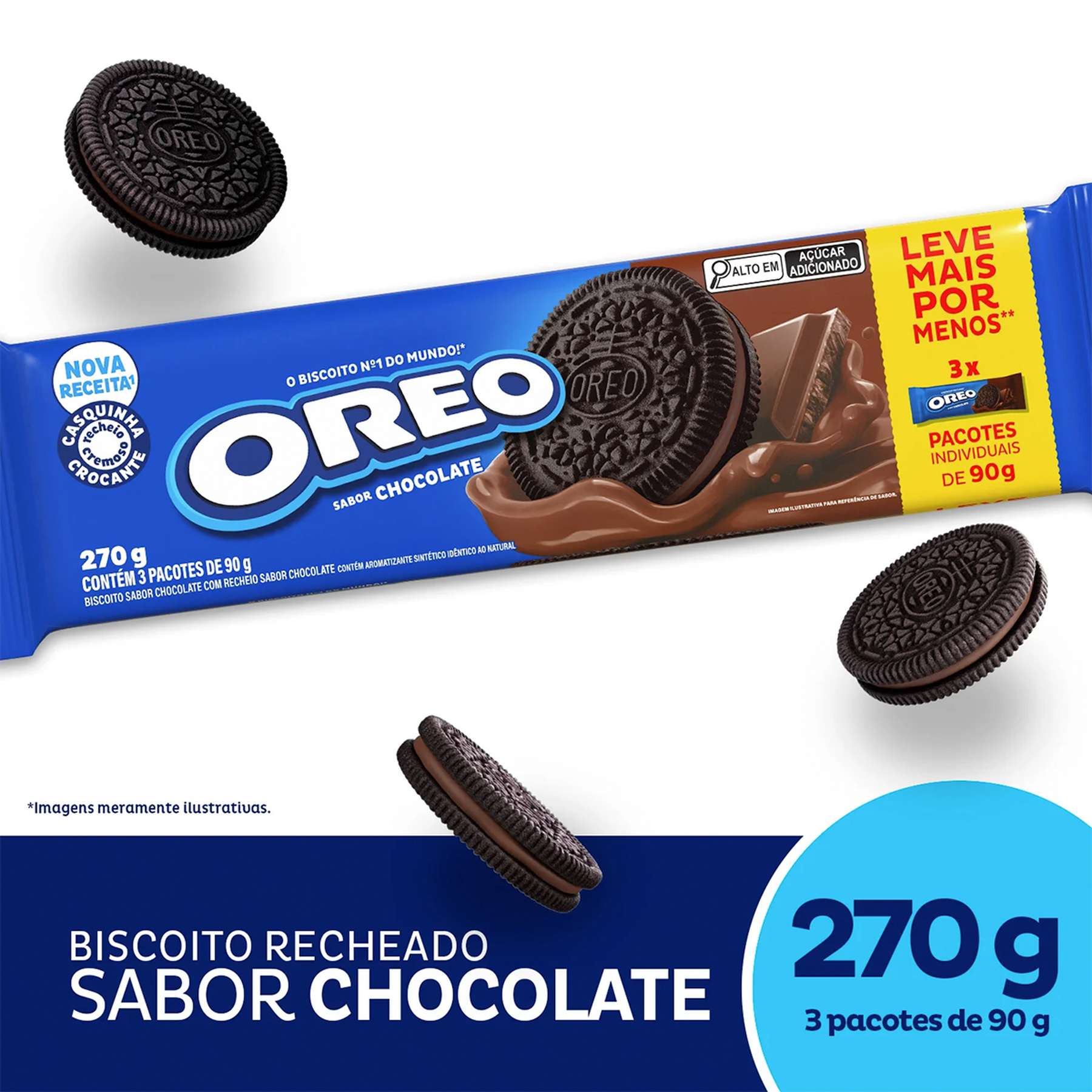 Biscoito Chocolate Recheio Chocolate Oreo Pacote 270g C/3 Unidades