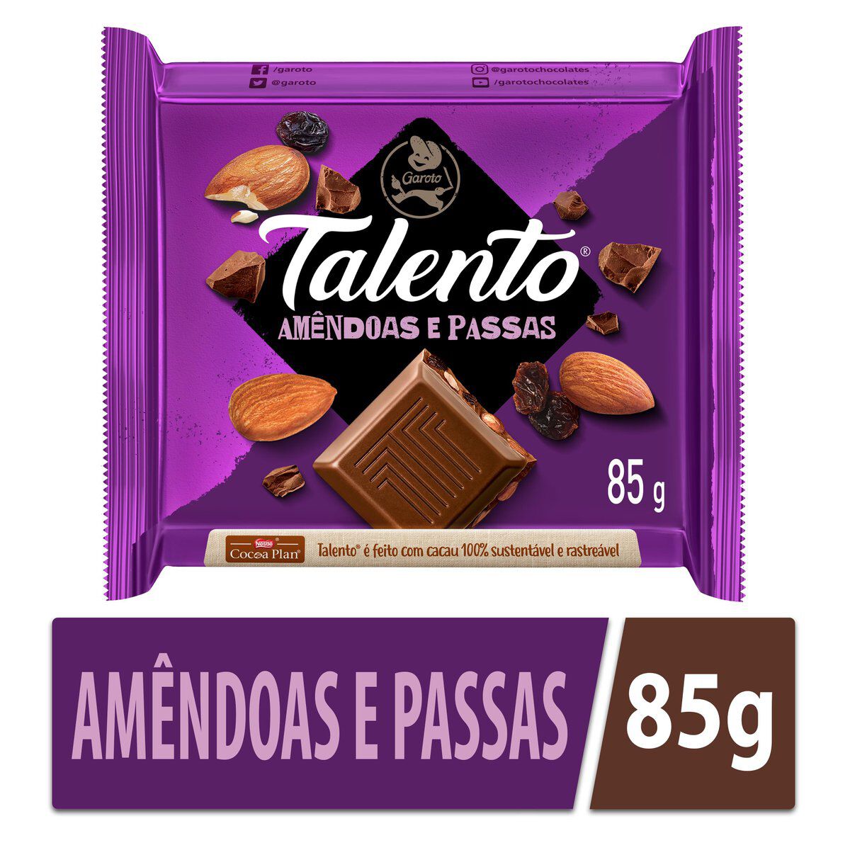 Chocolate ao Leite com Am&ecirc;ndoas e Passas Garoto Talento Pacote 85g