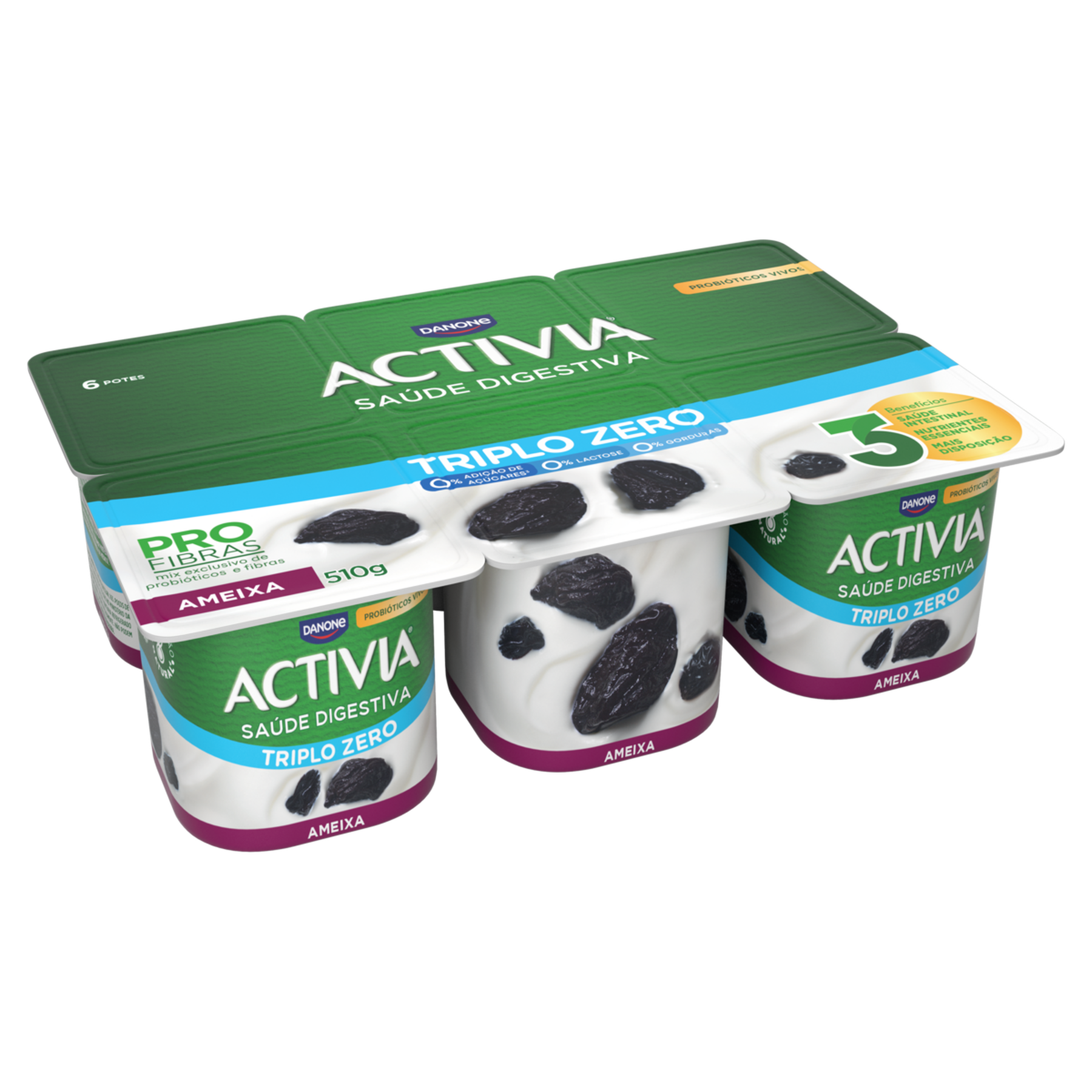 Leite Fermentado Desnatado Ameixa Triplo Zero Activia Bandeja 510g C/6 Unidades