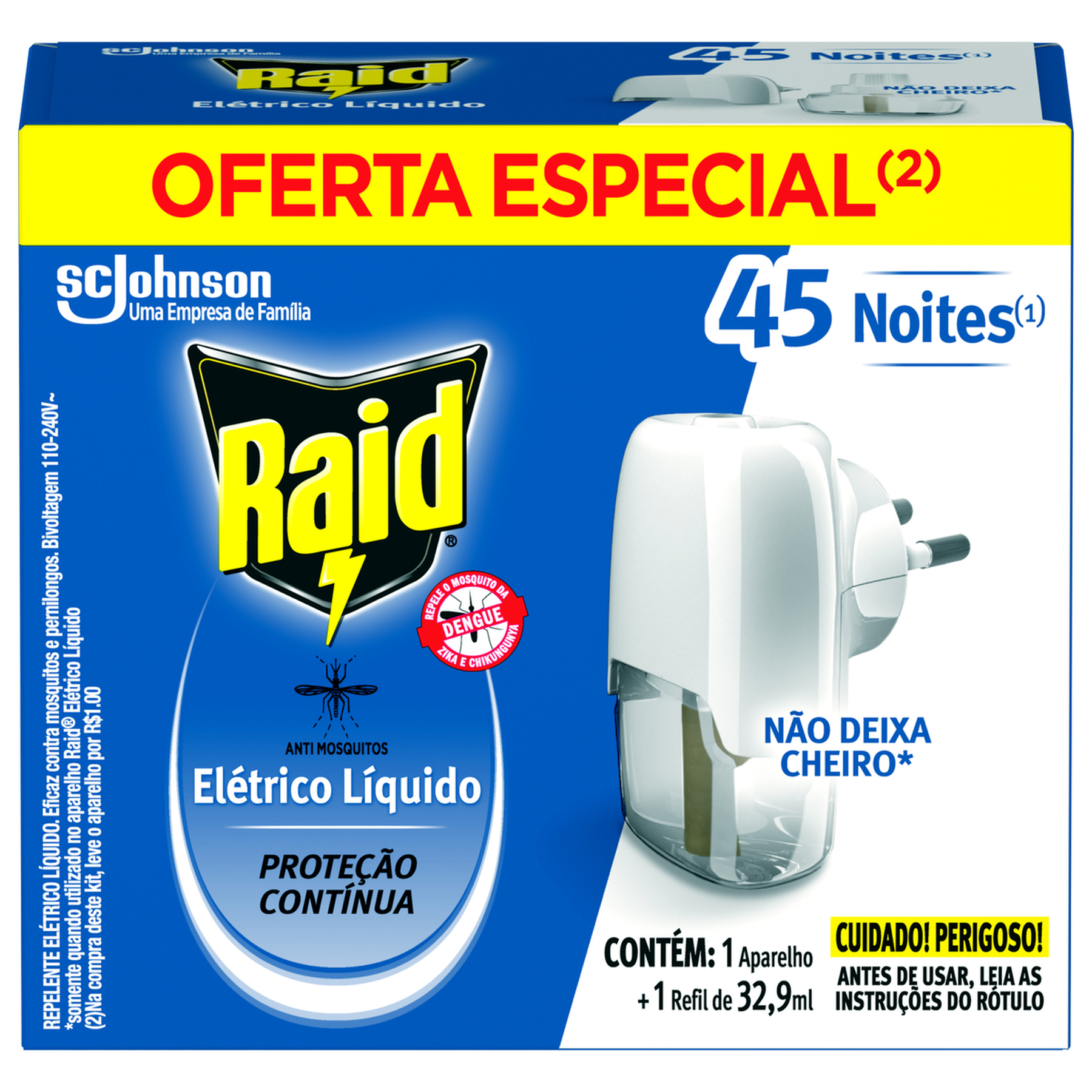 Repelente Elétrico Raid Líquido 45 Noites - Aparelho + Refil Oferta Especial 32,9ml