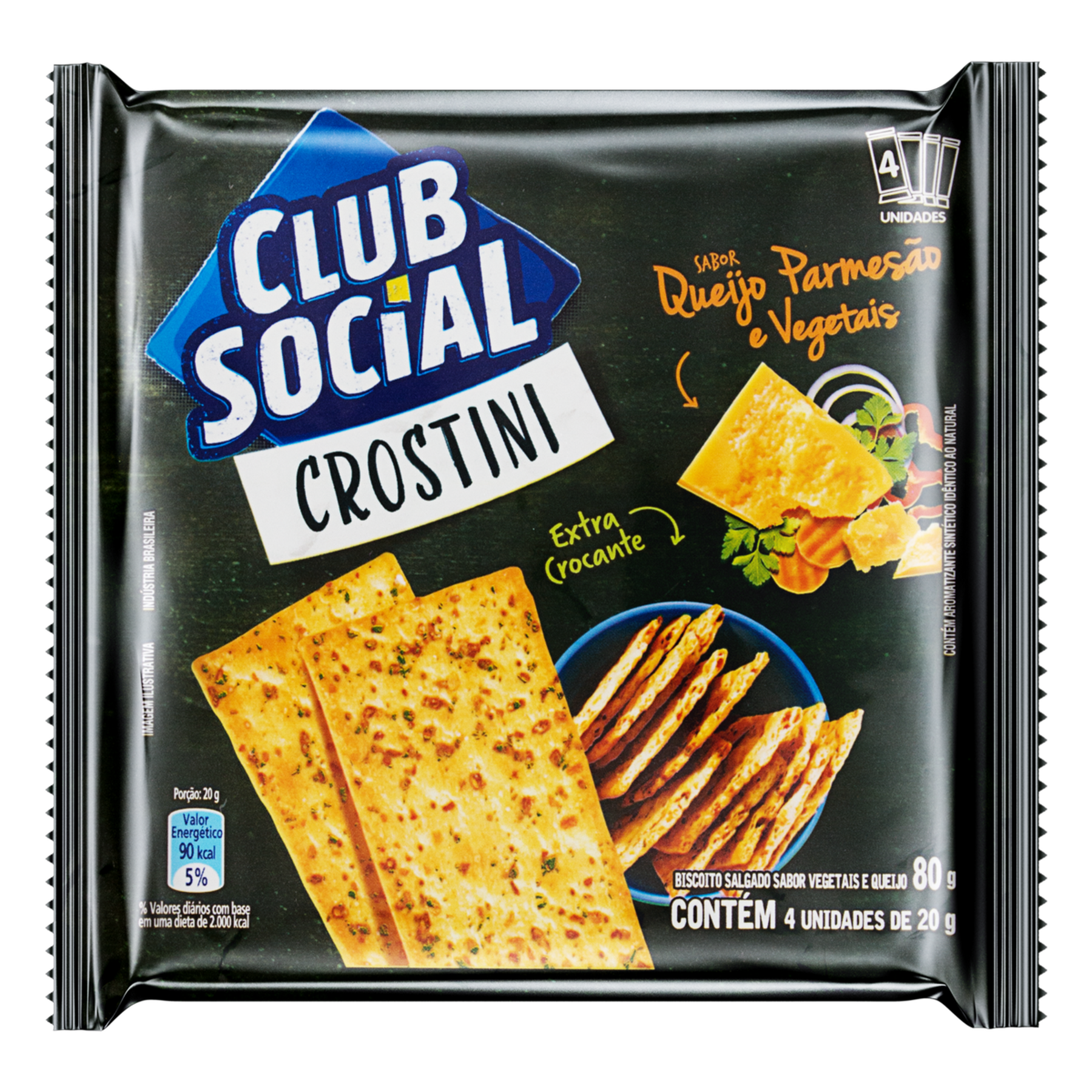 Pack Biscoito Crostini Queijo Parmesão e Vegetais Club Social Pacote 80g 4 Unidades