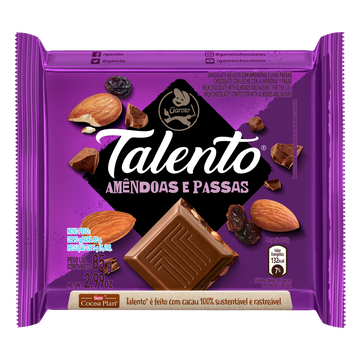 Chocolate ao Leite com Amêndoas e Passas Garoto Talento Pacote 85g
