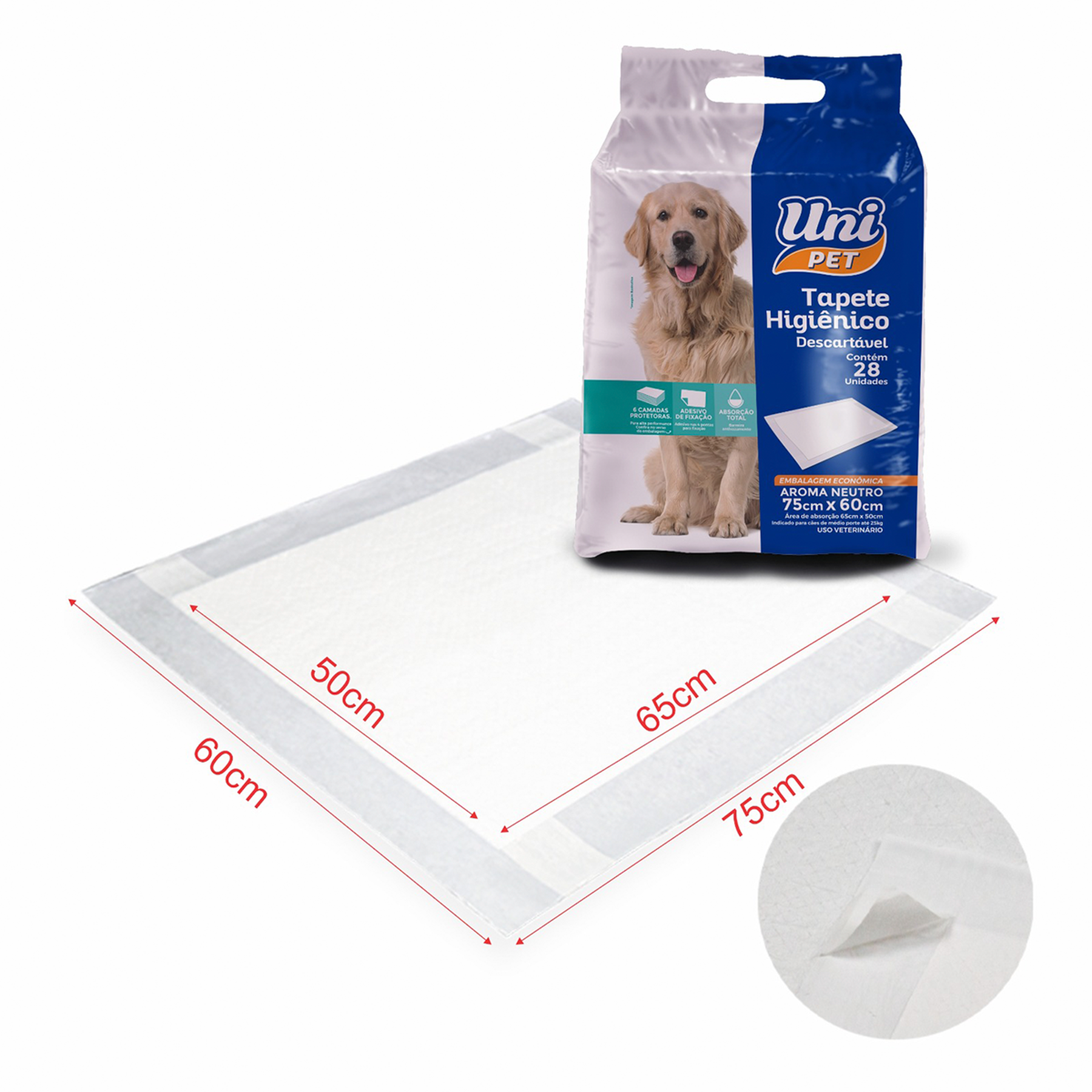 Tapete Higiênico Descartável Uni Pet 75cmx60cm C/28 Unidades