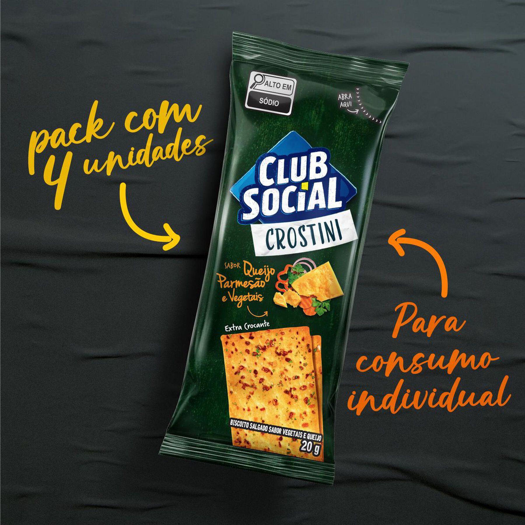 Pack Biscoito Crostini Queijo Parmes&atilde;o e Vegetais Club Social Pacote 80g 4 Unidades&nbsp;