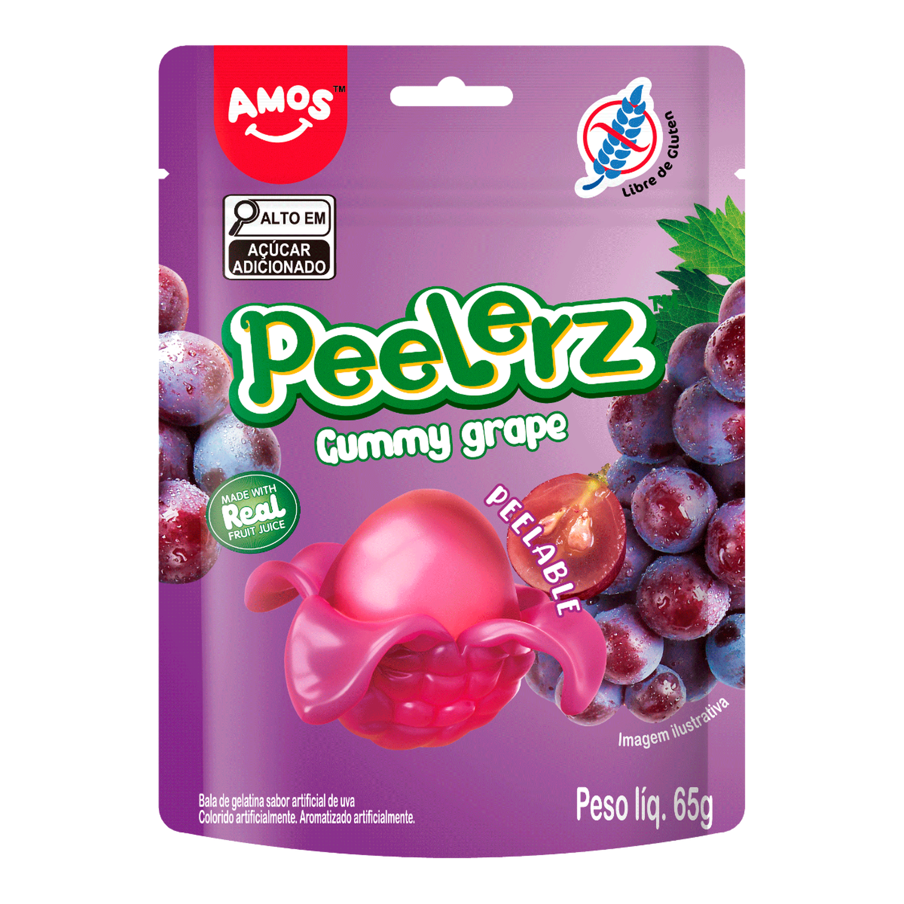 Bala de Gelatina Uva Peelerz Gummy Grape Amos Pacote 65g