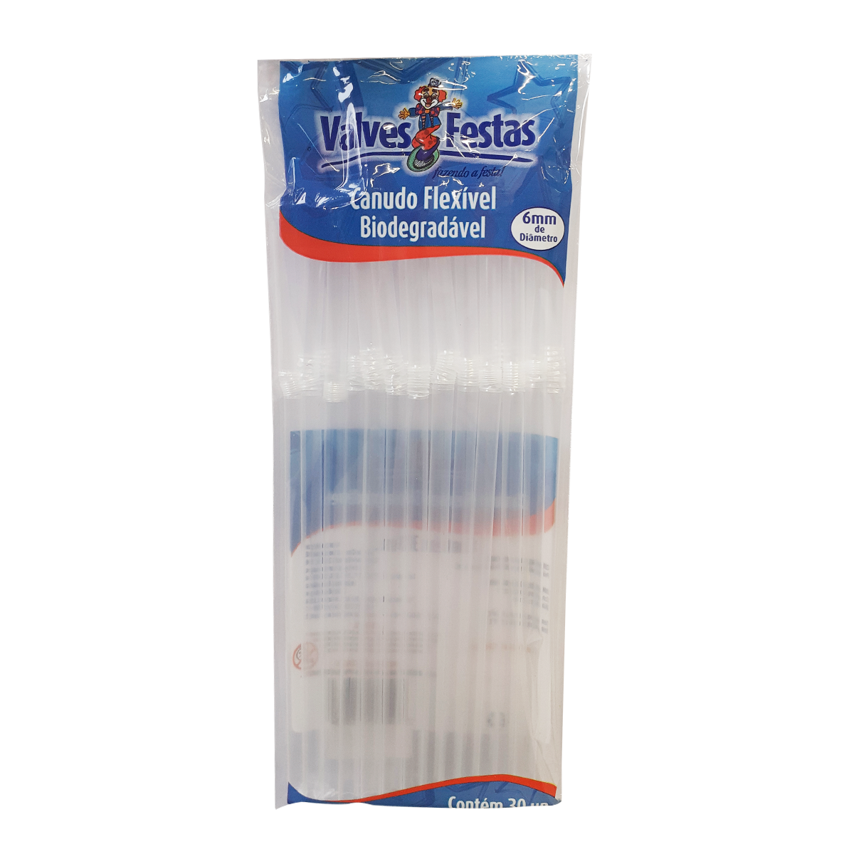 Canudo Flex&iacute;vel Biodegrad&aacute;vel Valves Festas C/30 Unidades