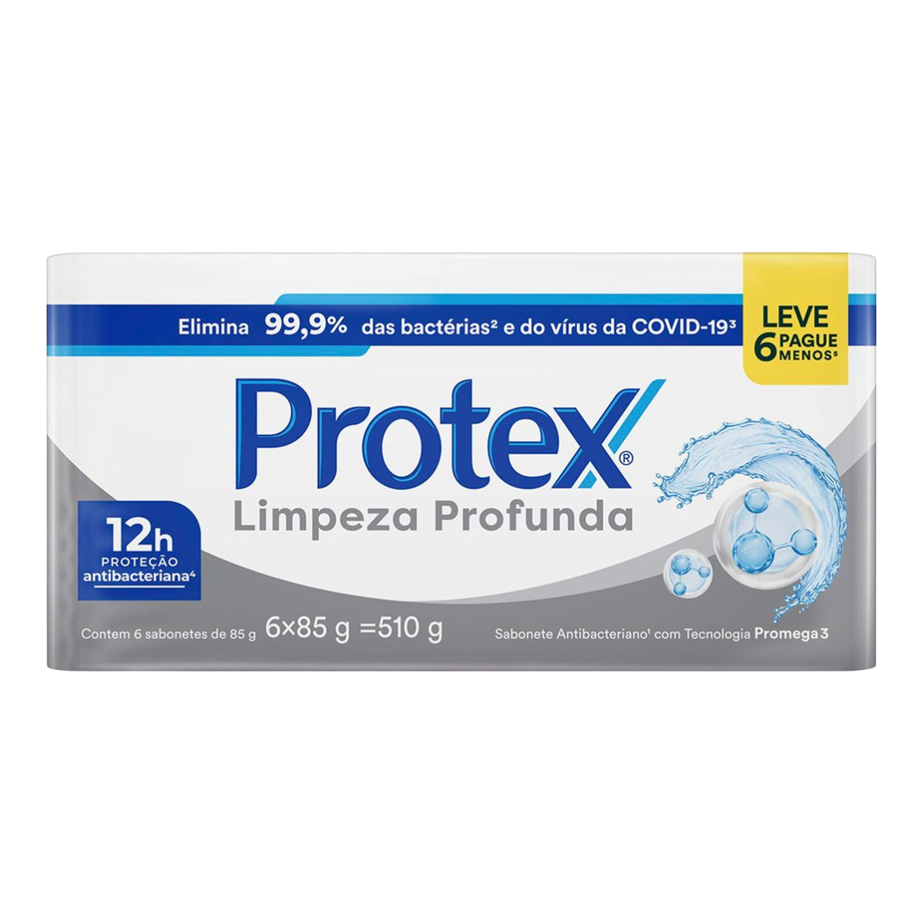 Pack Sabonete Barra Antibacteriano Protex Limpeza Profunda Envolt&oacute;rio 510g 6 Unidades 85g Cada