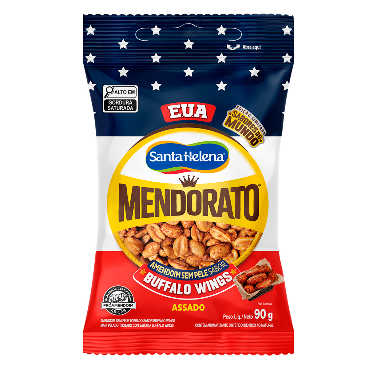 Amendoim Torrado sem Pele Buffalo Wings E.U.A Mendorato Santa Helena Pacote 90g
