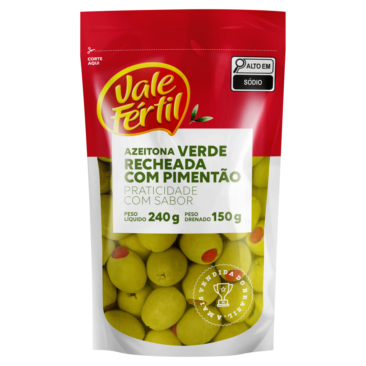 Azeitona Verde em Conserva com Recheio de Piment&atilde;o Vale F&eacute;rtil Sach&ecirc; 150g