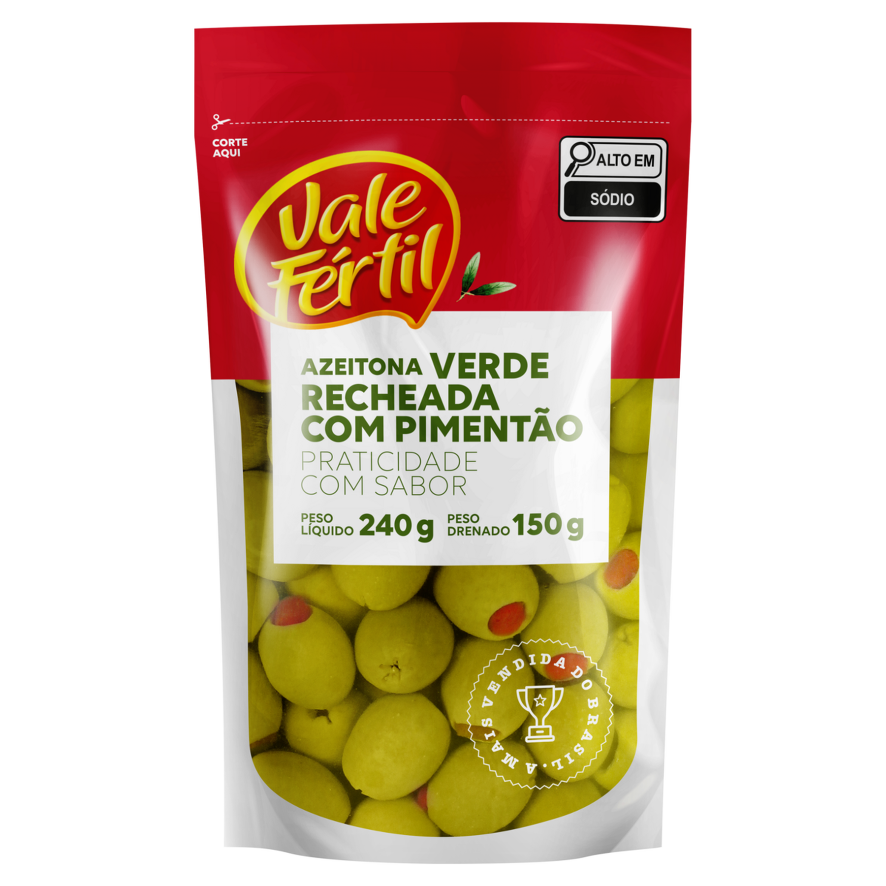 Azeitona Verde em Conserva com Recheio de Piment&atilde;o Vale F&eacute;rtil Sach&ecirc; 150g