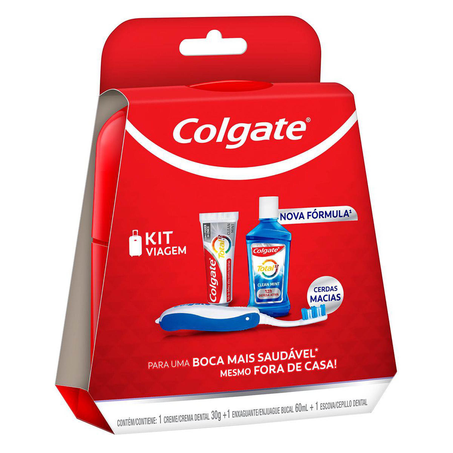 Kit Viagem Creme Dental Anticárie Clean Mint 30g + Enxaguante Bucal Antibacteriano Clean Mint 60ml + Escova Dental Macia + Estojo Colgate Total 12