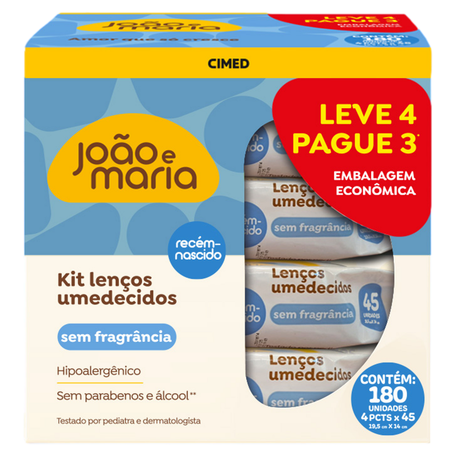 Pack Len&ccedil;o Umedecido Rec&eacute;m-Nascido Jo&atilde;o e Maria Pacote 45 Folhas Cada Leve 4 Pague 3 Unidades Embalagem Econ&ocirc;mica