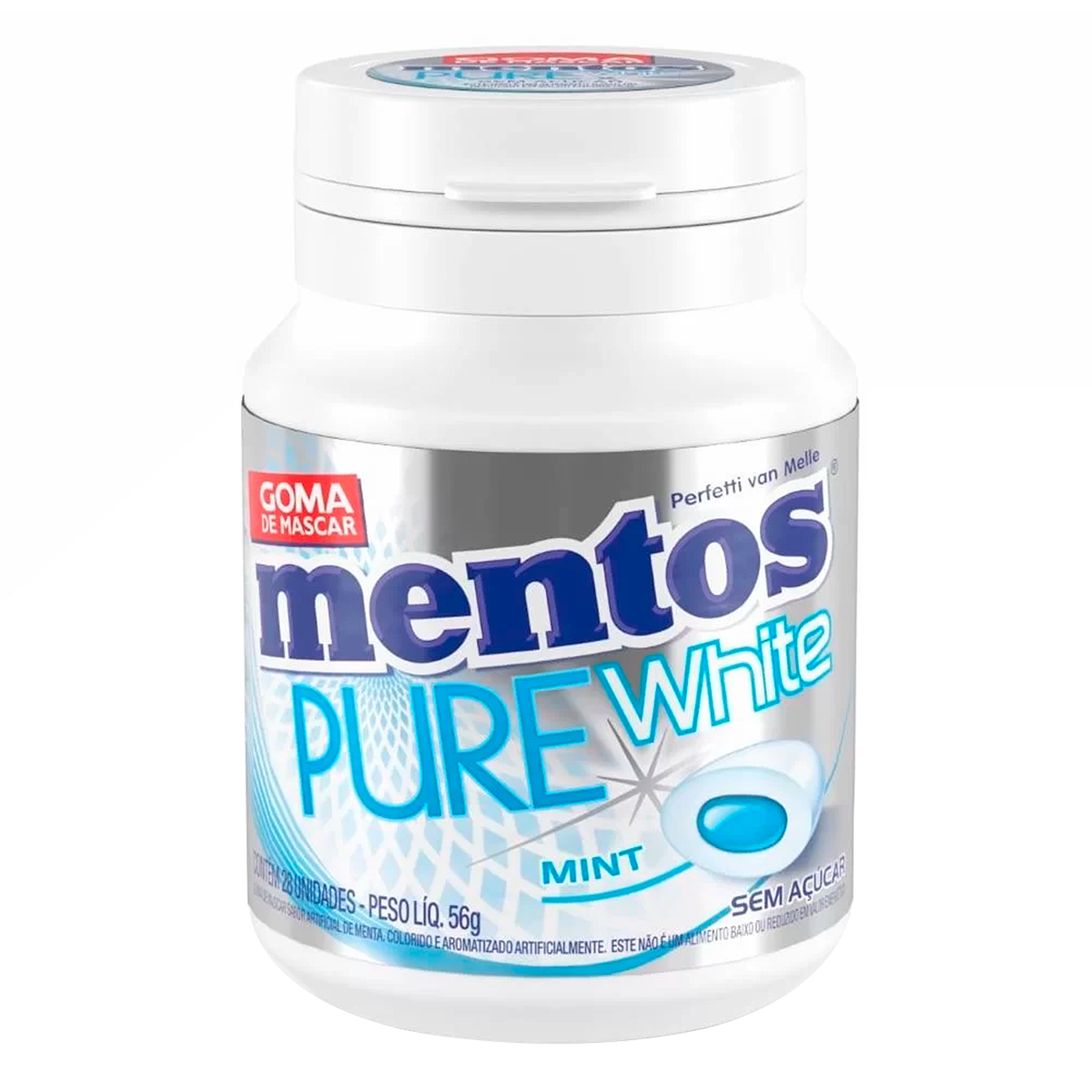 Goma de Mascar Menta Zero Açúcar Pure White Mentos Pote 56g C/28 Unidades