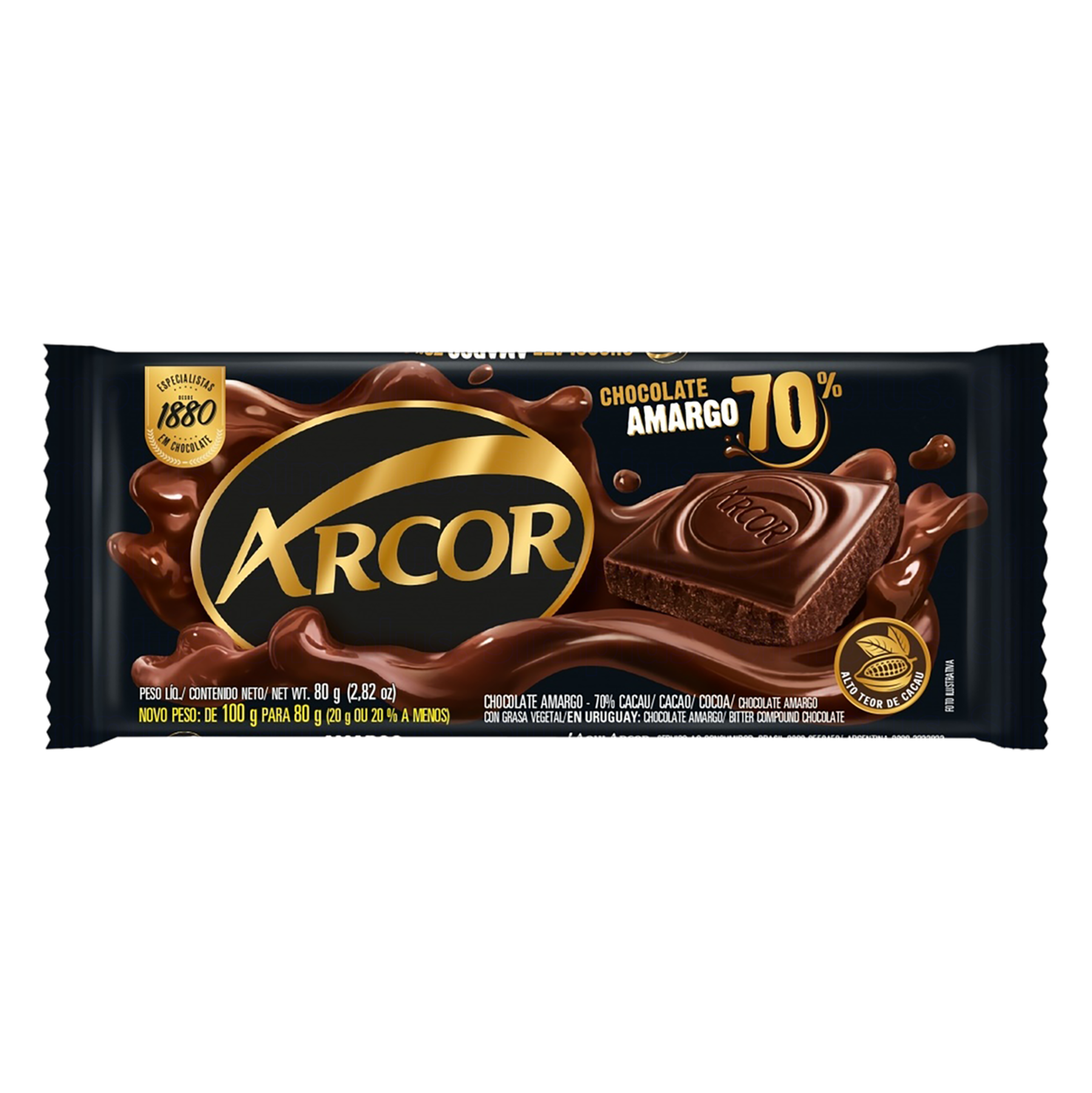 Chocolate Amargo 70% Cacau Arcor Pacote 80g&nbsp;