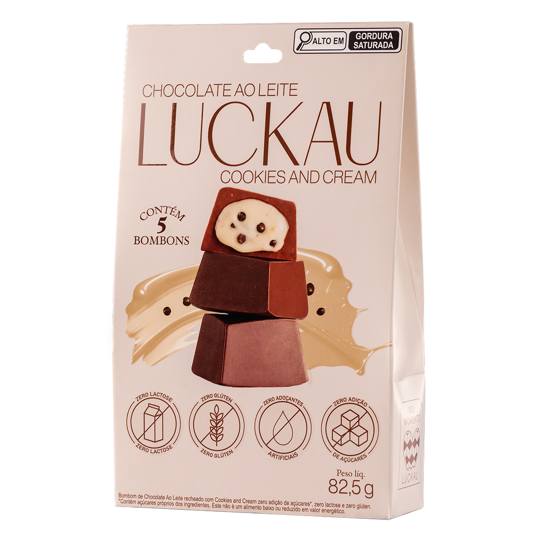 Bombom Chocolate ao Leite Cookies and Cream Zero Luckau Caixa 82,5g