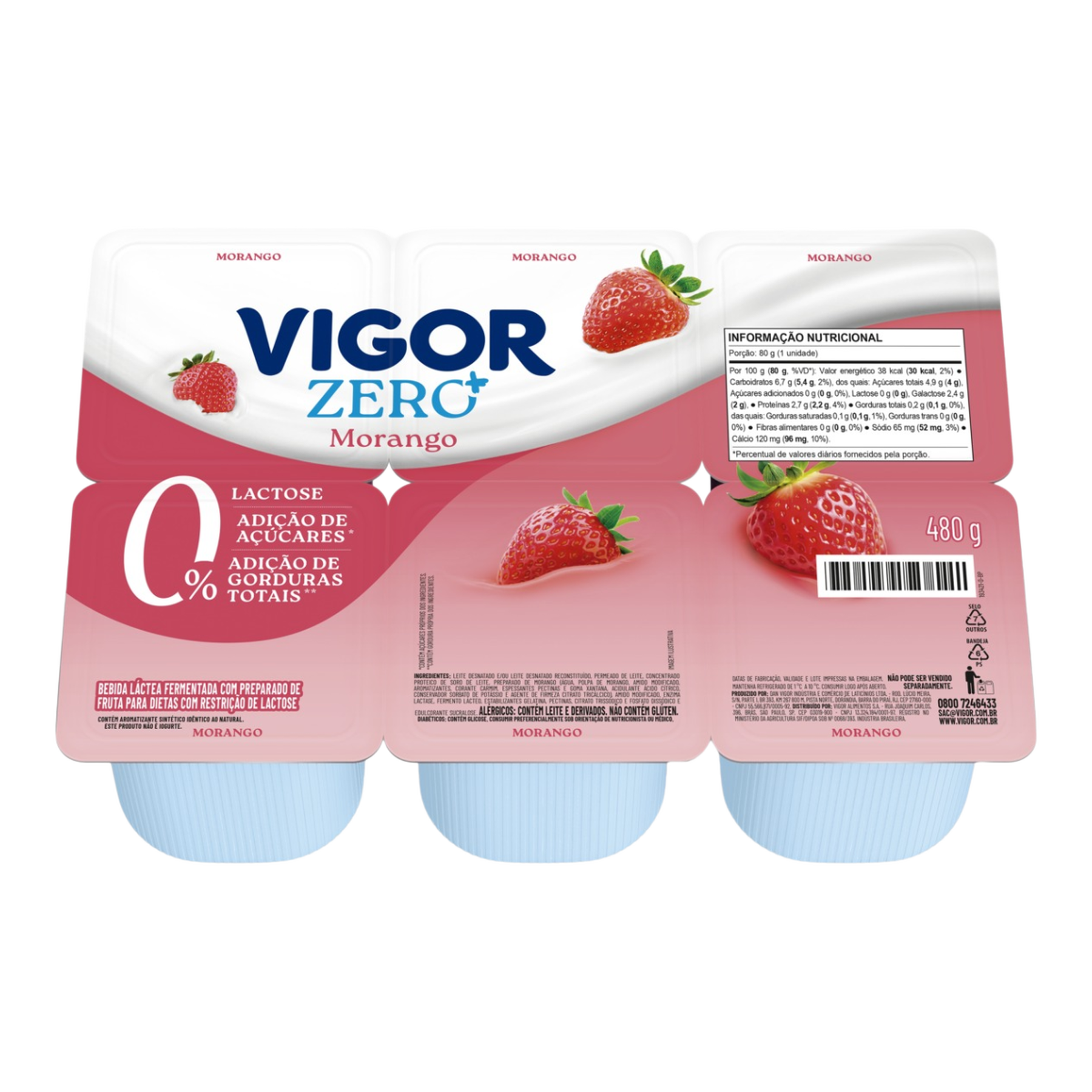Bebida L&aacute;ctea Fermentada Morango Zero Lactose Vigor Zero+ Bandeja 480g 6 Unidades