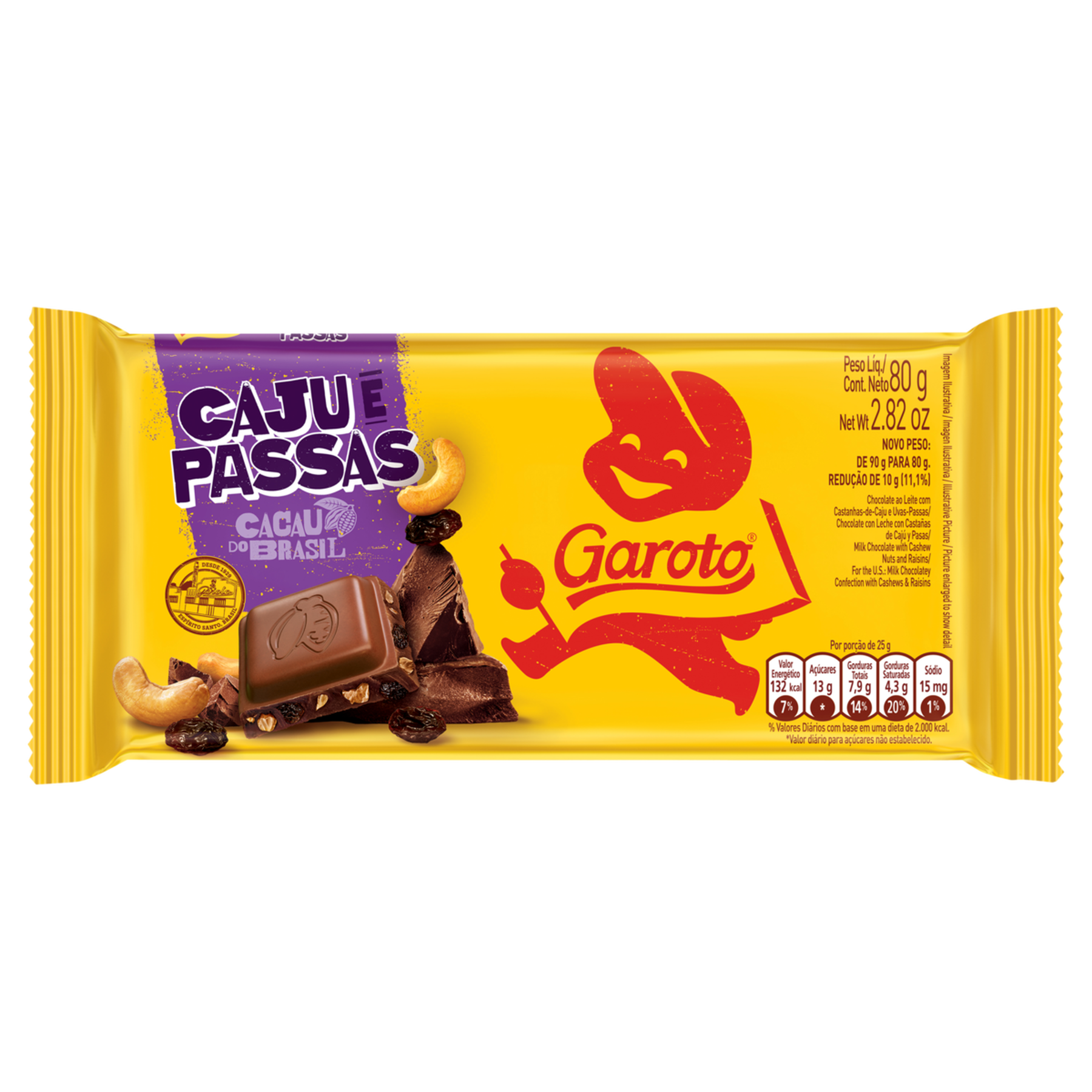 Chocolate ao Leite Caju e Passas Garoto Pacote 80g