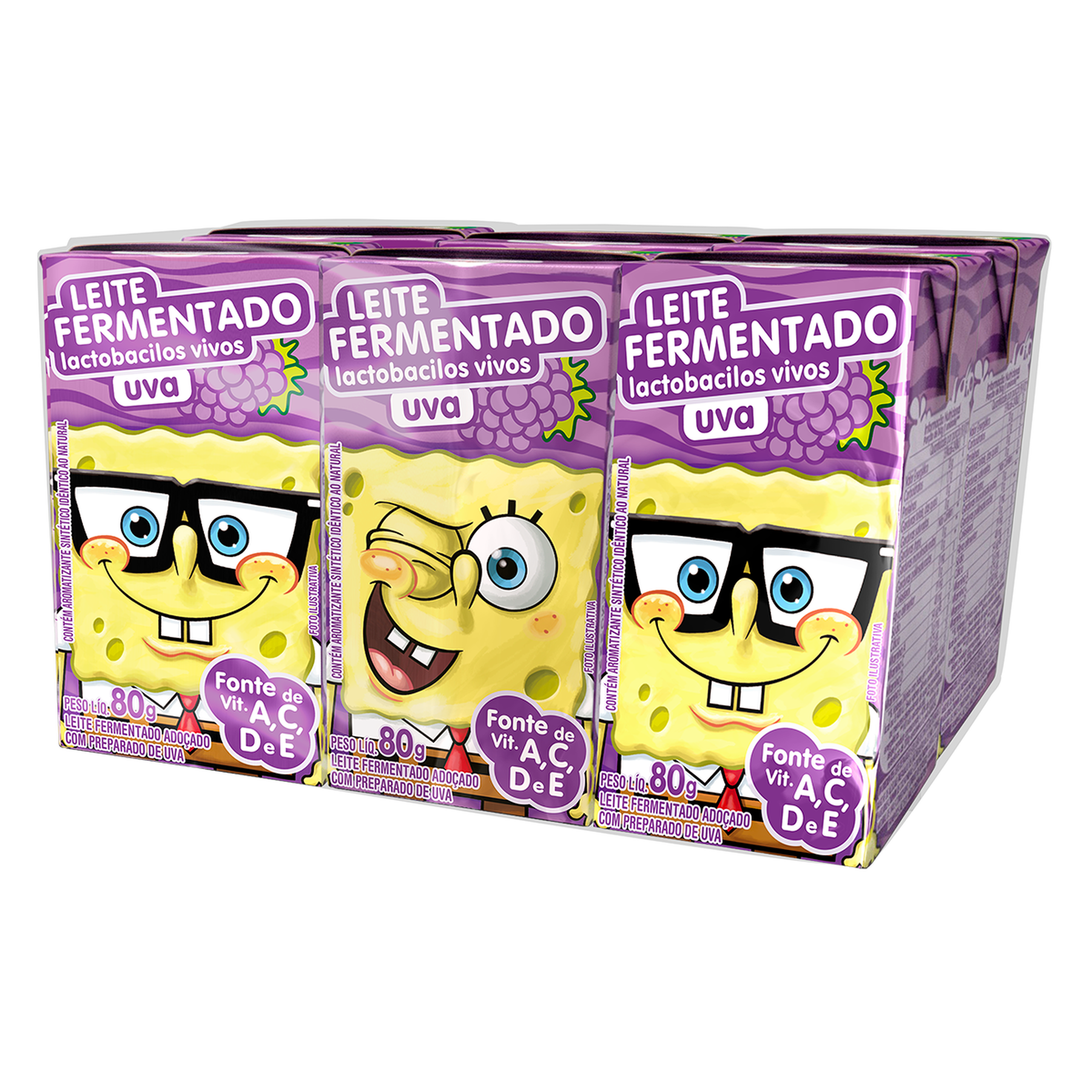 Leite Fermentado Desnatado Uva Bob Esponja Elegê Caixa 480g C/6 Unidades