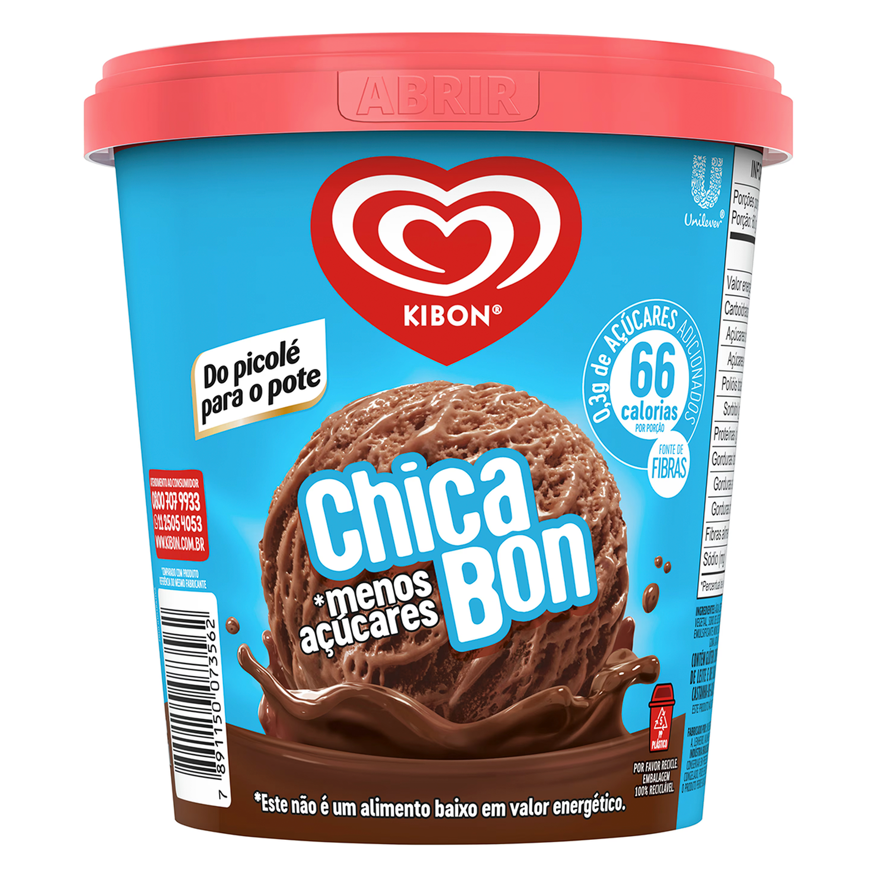Sorvete Chicabon Menos A&ccedil;&uacute;cares Kibon Pote 800ml