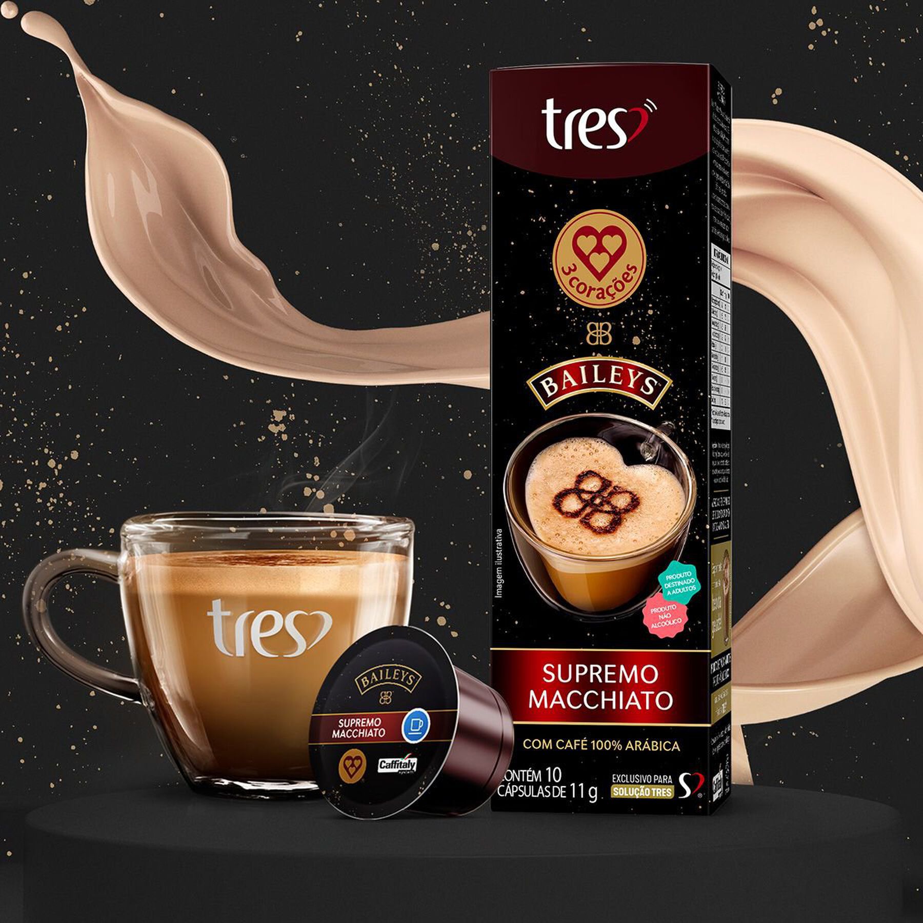 Café com Leite em Cápsula Supremo Macchiato Baileys 3 Corações Caixa 110g C/10 Unidades