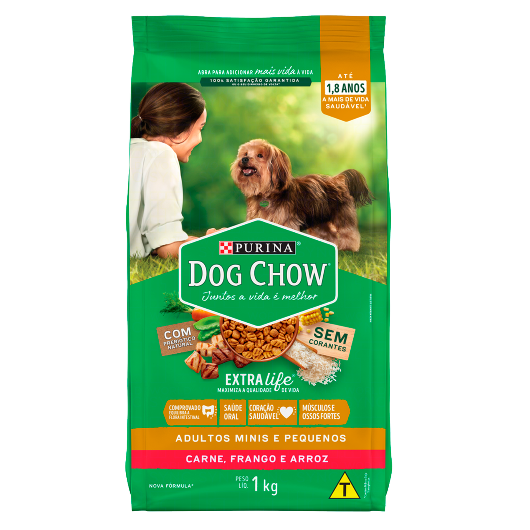 Alimento para Cães Adultos Raças Minis e Pequenas Carne, Frango e Arroz Purina Dog Chow Extra Life Pacote 1kg