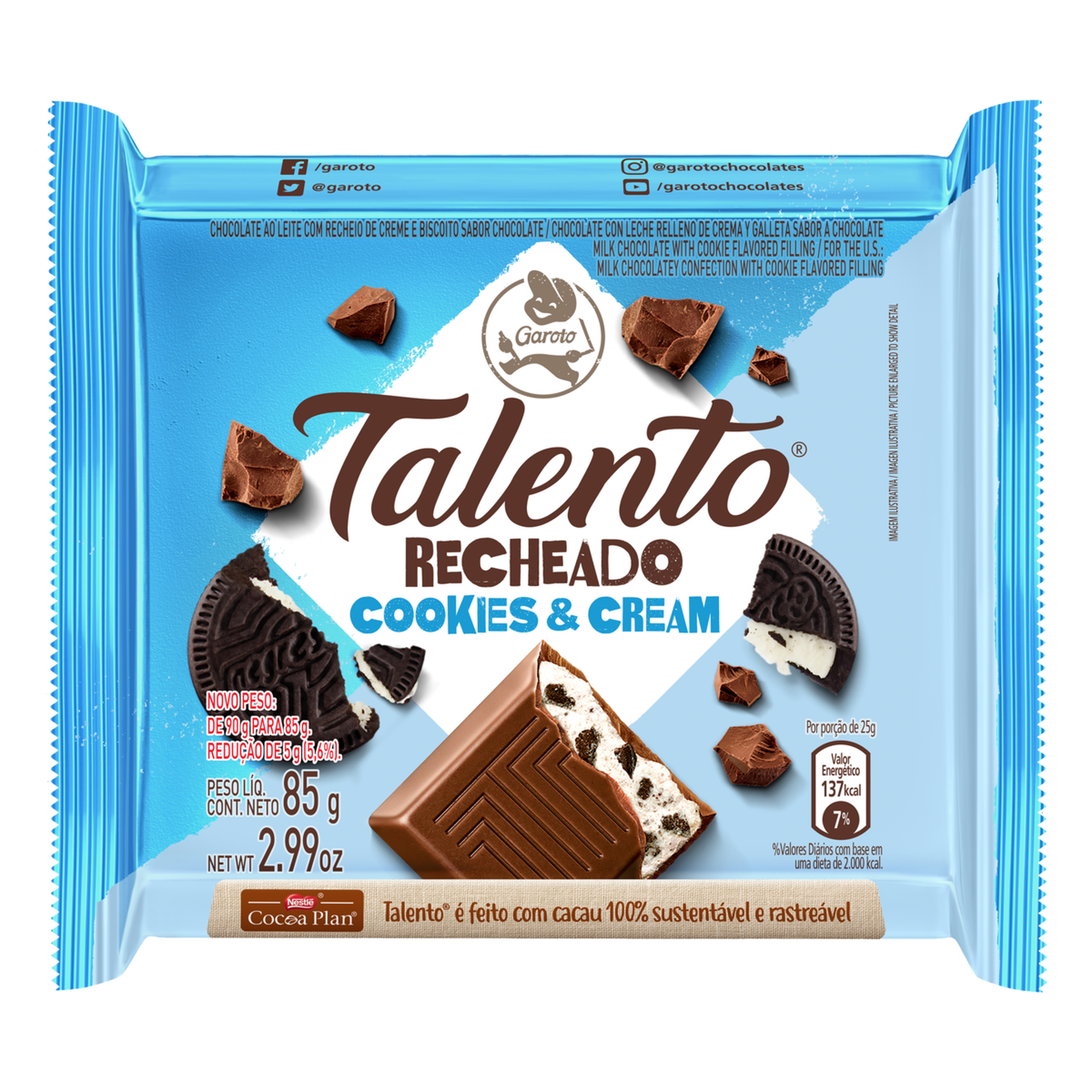 Chocolate ao Leite Recheio Cookies e Cream Garoto Talento Pacote 85g