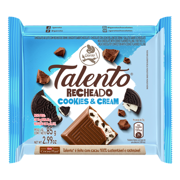 Chocolate ao Leite Recheio Cookies e Cream Garoto Talento Pacote 85g