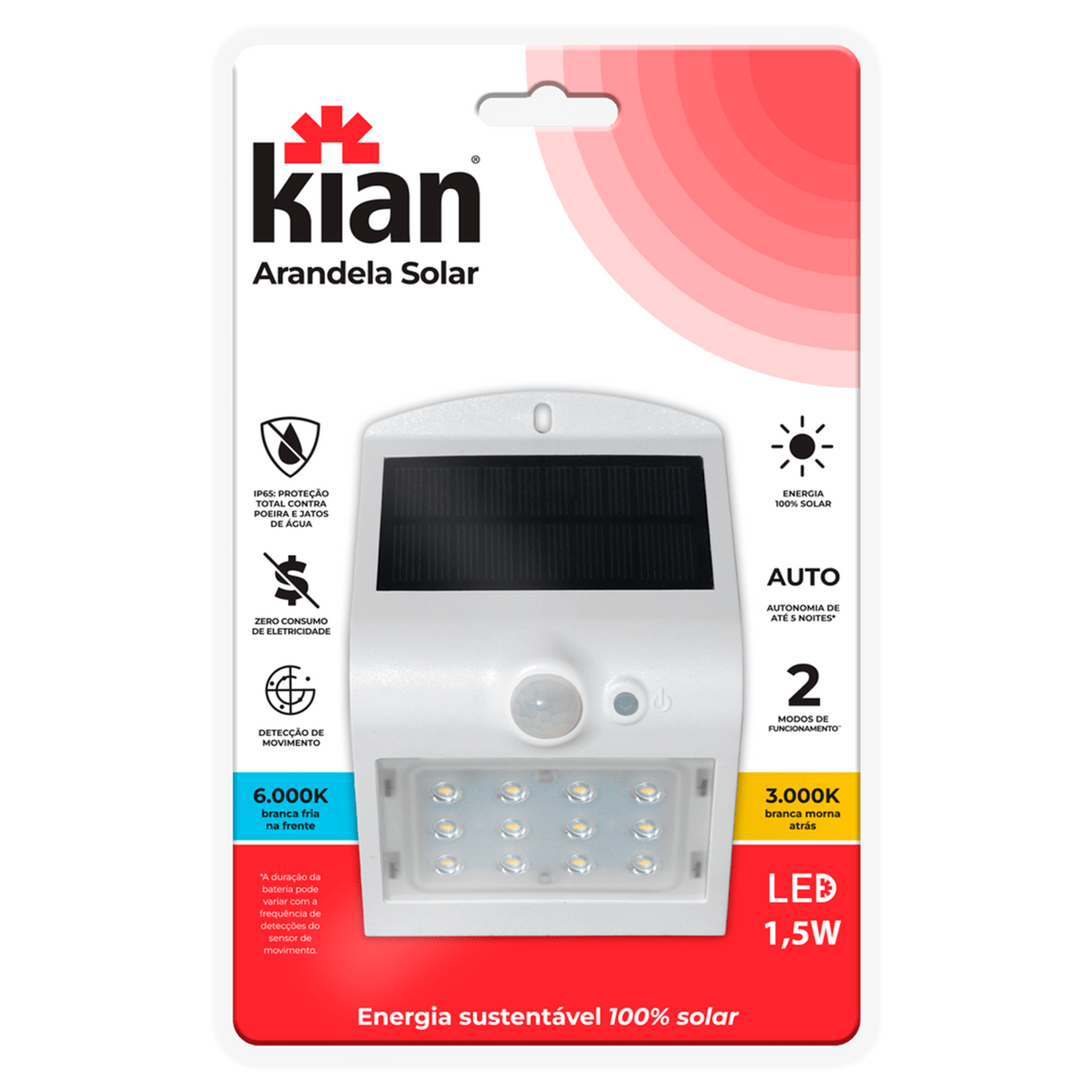 Arandela Solar Branca 1,5w 6,0k Kian