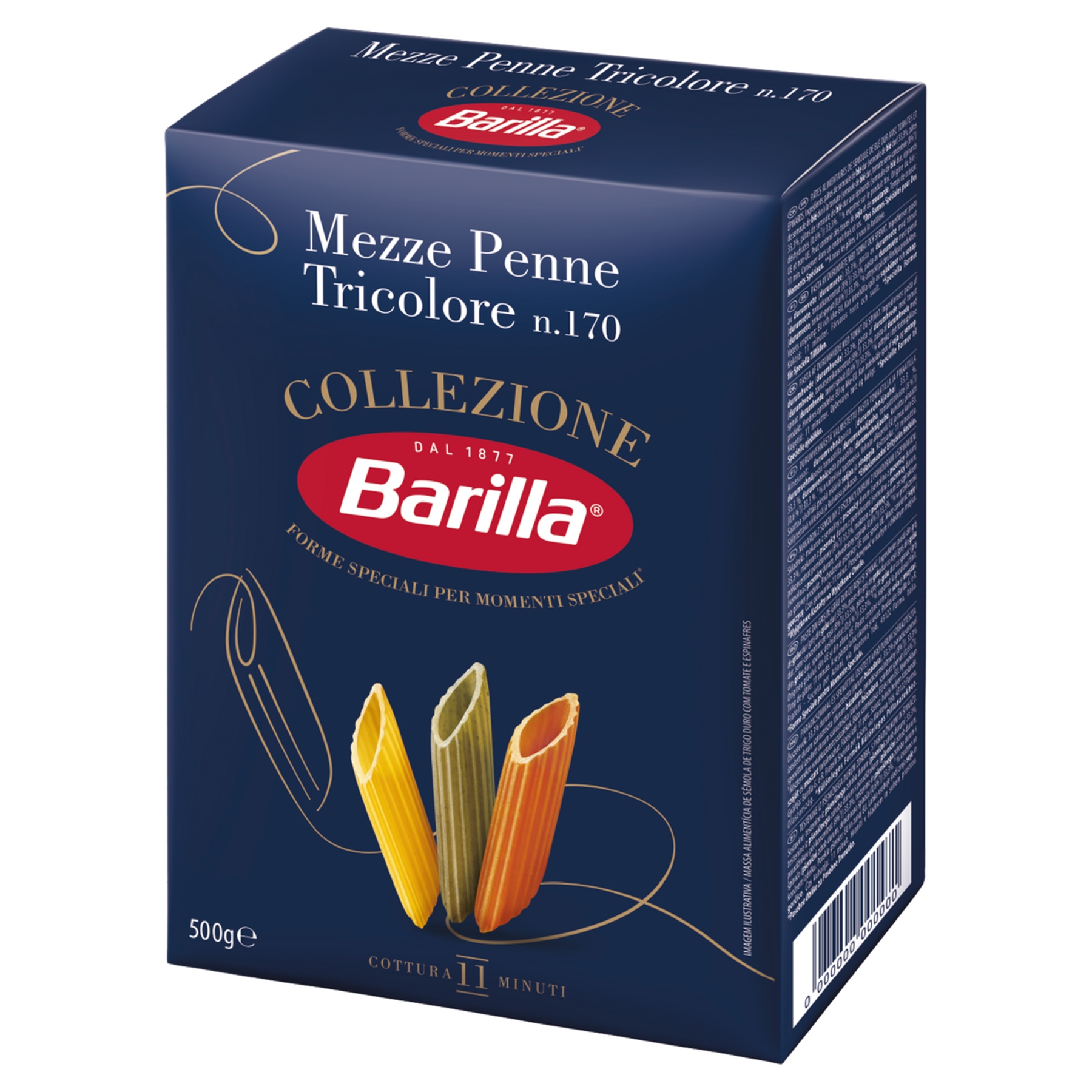 Macarr&atilde;o de S&ecirc;mola de Trigo Duro Tricolore Mezze Penne 170 Barilla Collezione Caixa 500g&nbsp;