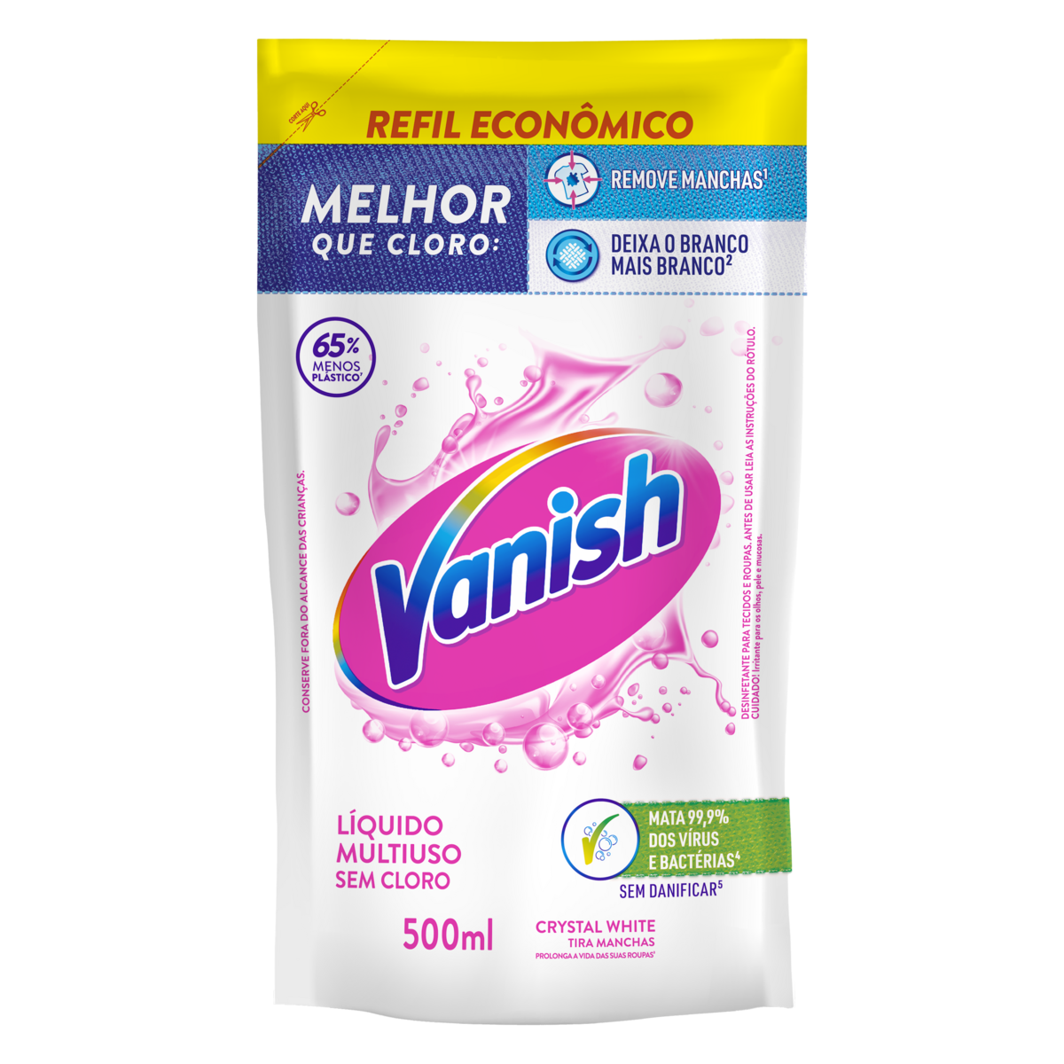 Tira-Manchas L&iacute;quido Multiuso Crystal White Vanish Sach&ecirc; 500ml - Refil Econ&ocirc;mico