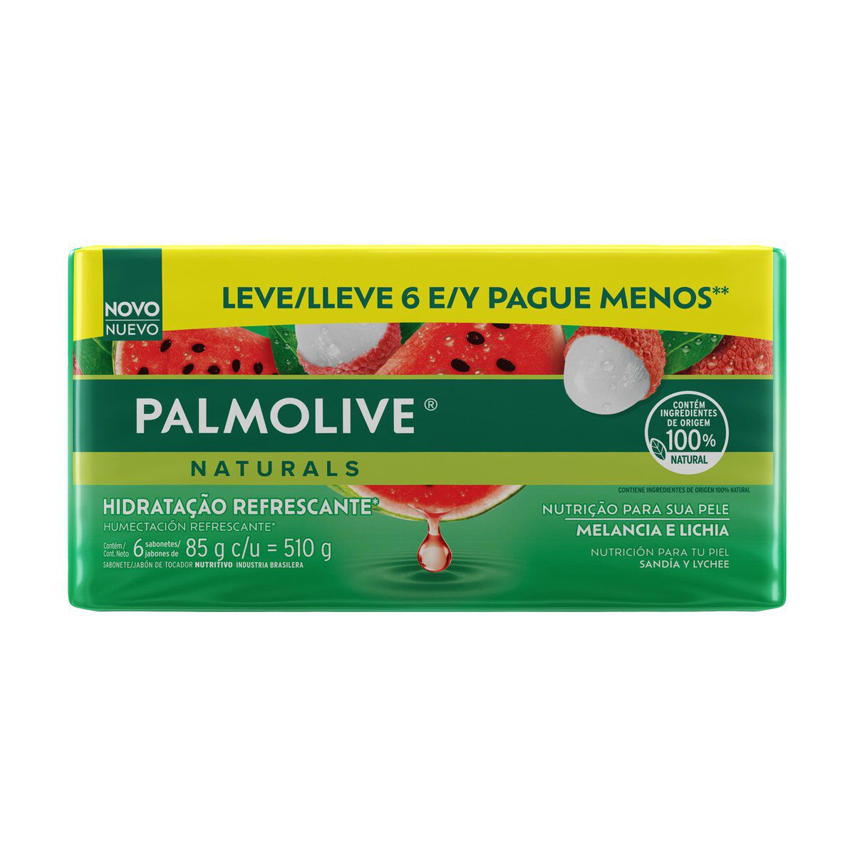 Sabonete em Barra Hidrata&ccedil;&atilde;o Refrescante Melancia e Lichia Palmolive Naturals Envolt&oacute;rio 510g C/6 Unidades